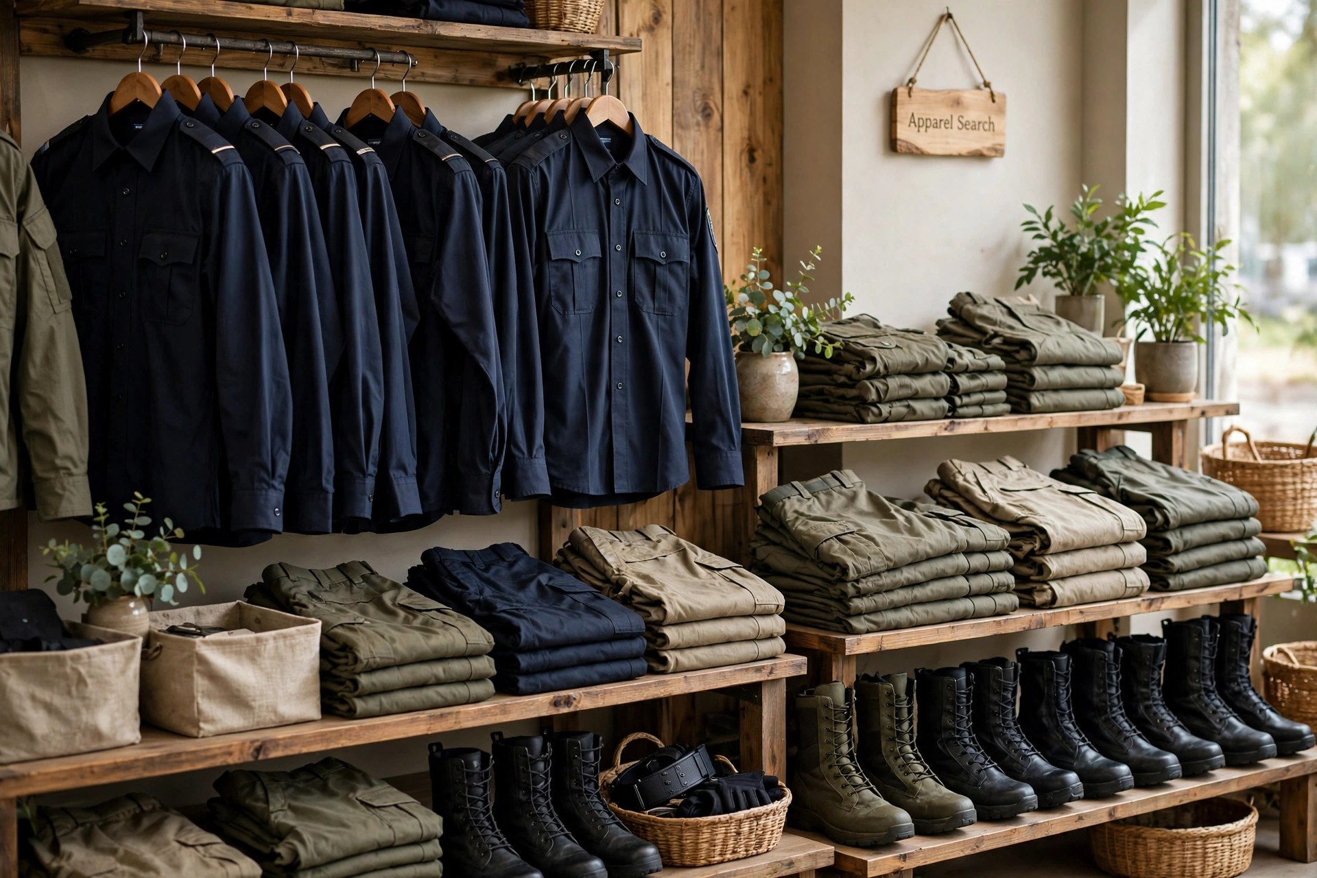 Tactical apparel for law enforcement, uniform shirts, cargo pants and duty gear arranged in a uniform store