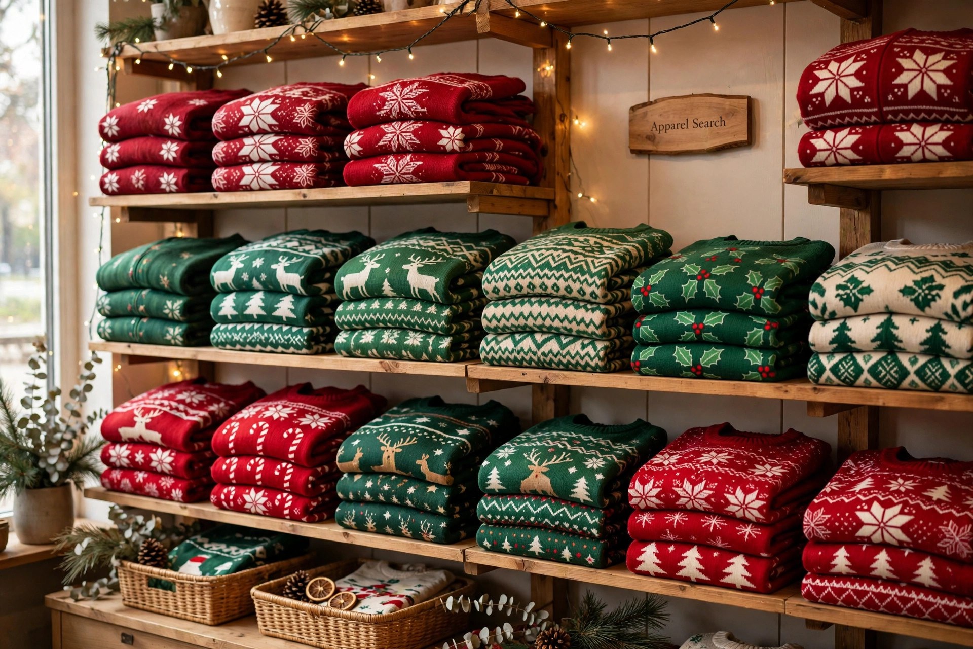 Festive Christmas sweaters in red, green and novelty patterns folded on shelves in a holiday clothing store