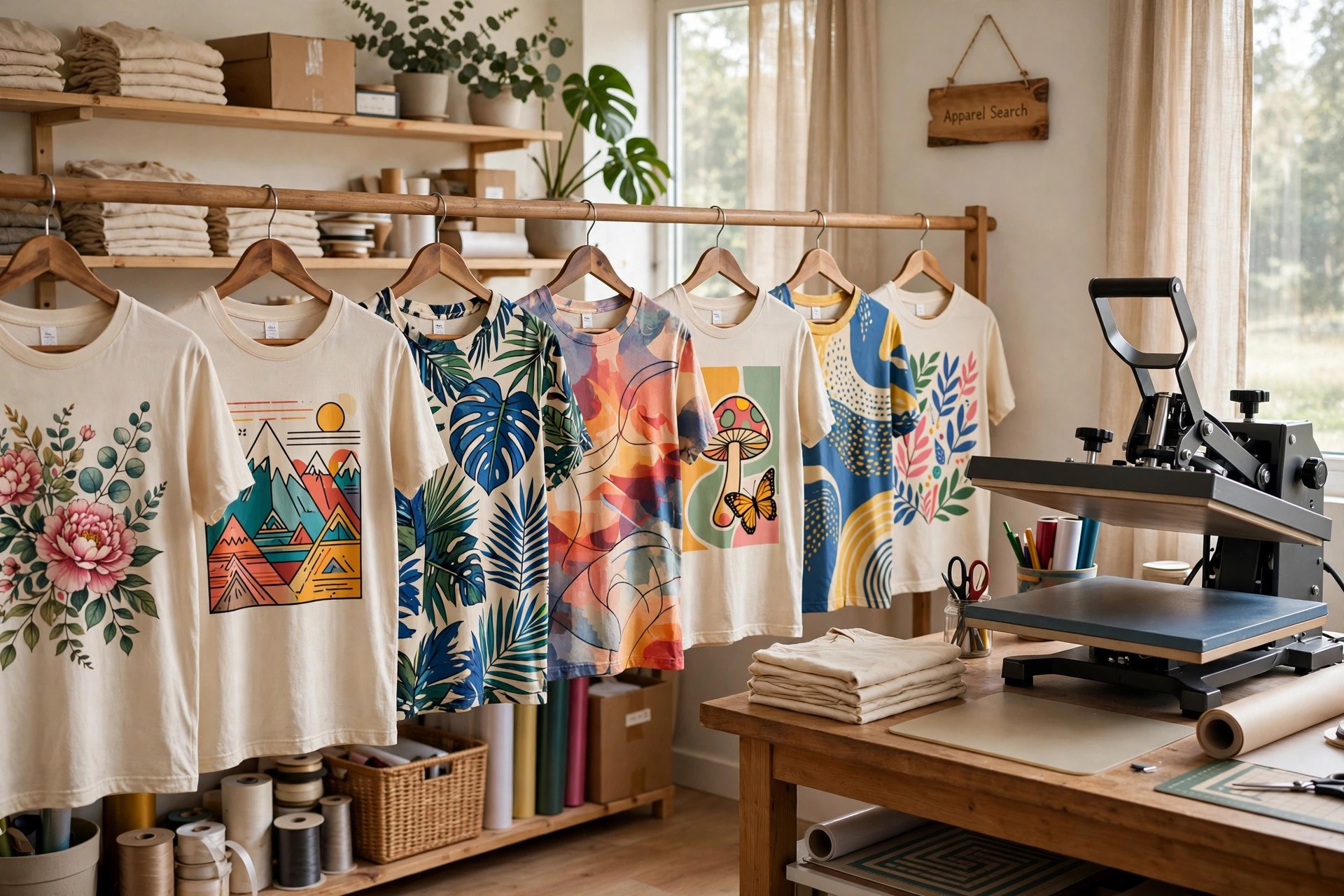 Custom printed t-shirts with colorful designs hanging on a rail in a print clothing store