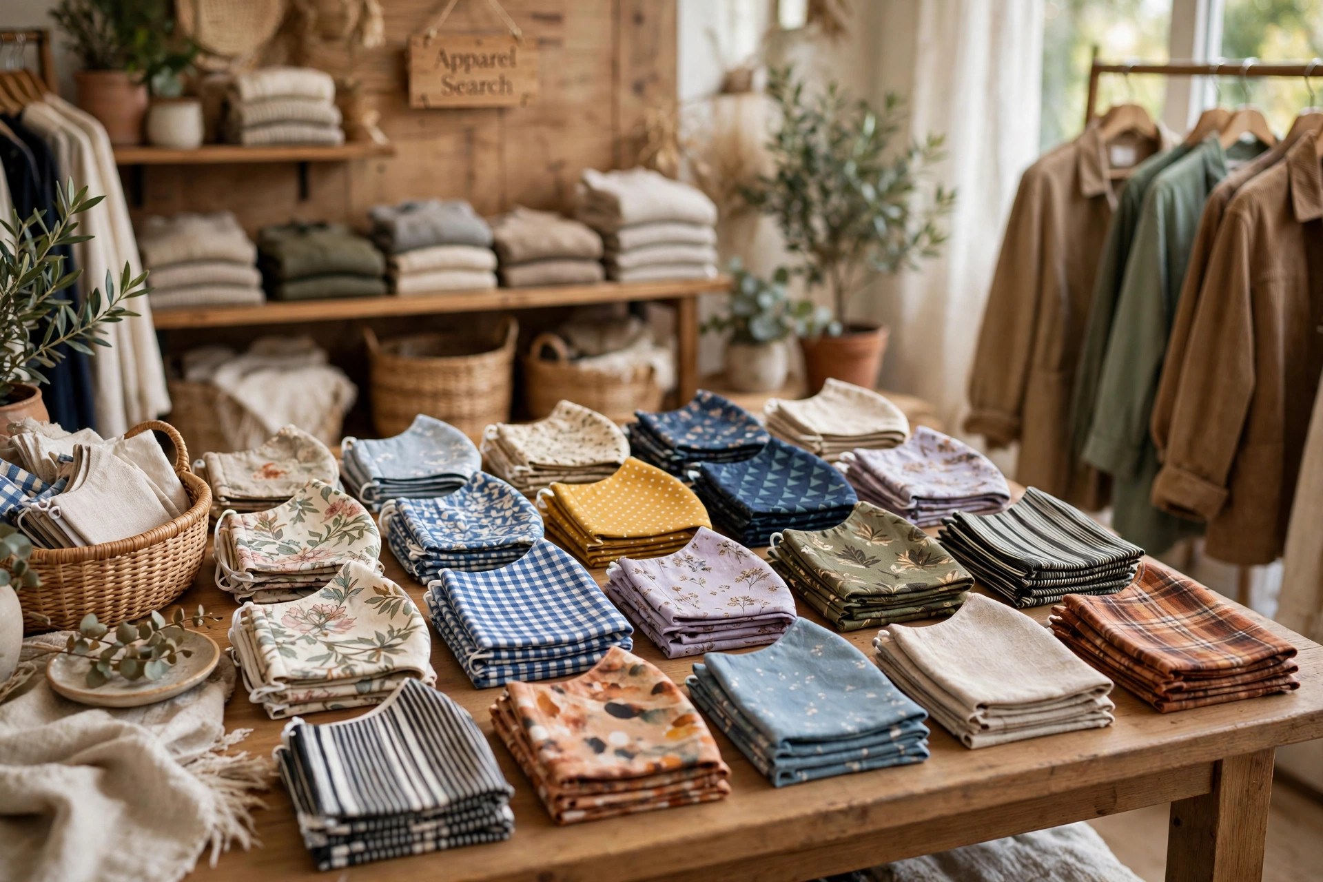 Reusable fabric face masks in many colors and patterns folded on a retail display table