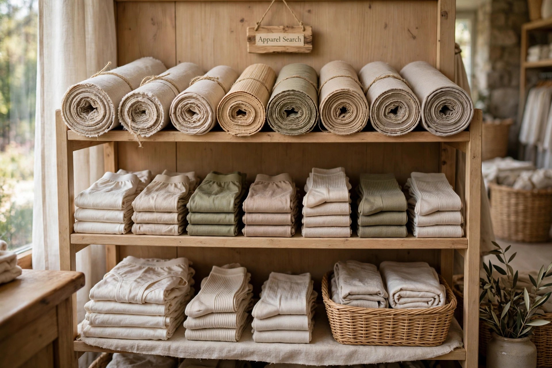 Latex-free clothing with soft elastic alternatives folded neatly on a store shelf with fabric rolls