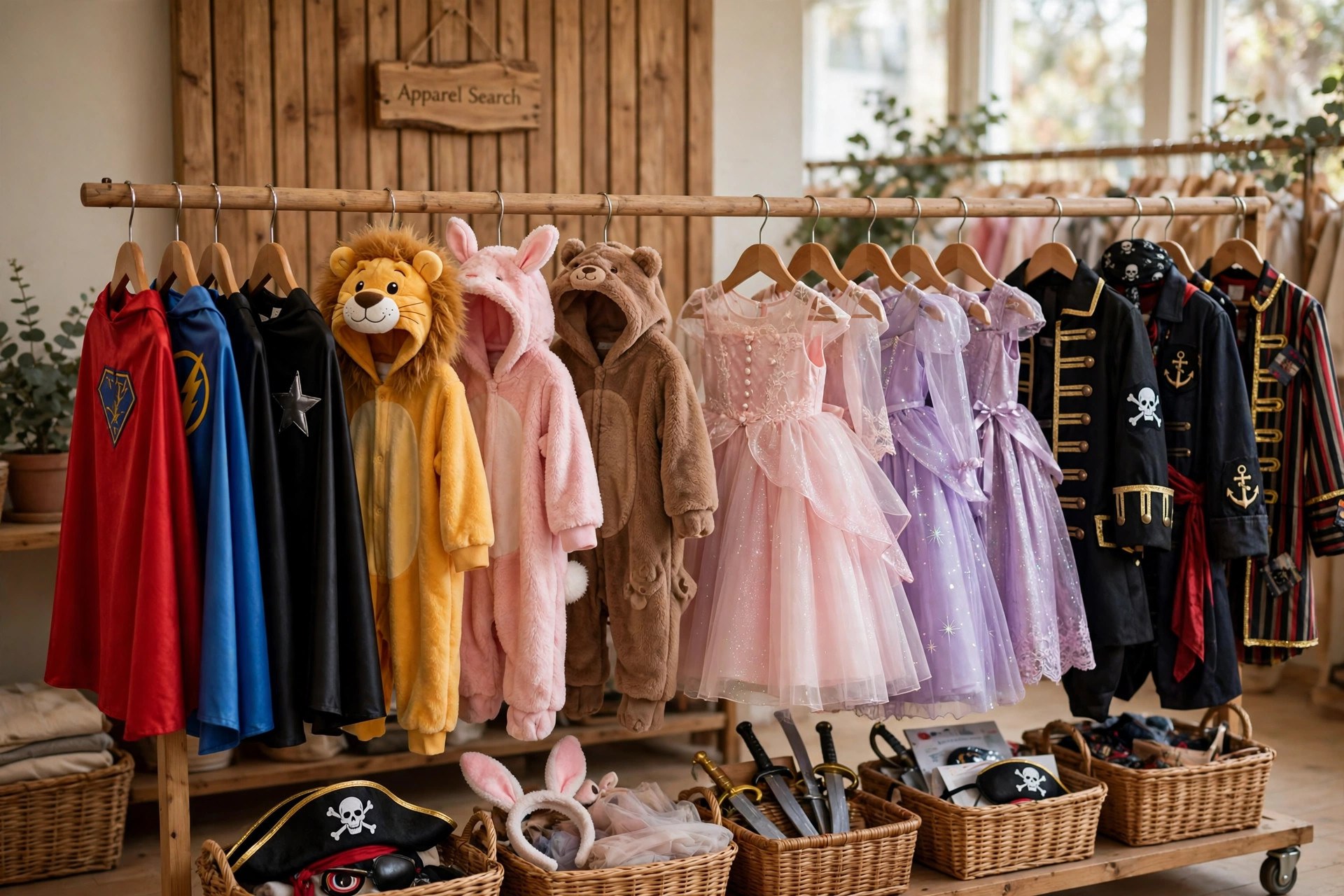 Children's costumes hanging on a store rail: superhero capes, animal suits, princess dresses and pirate outfits, garments only
