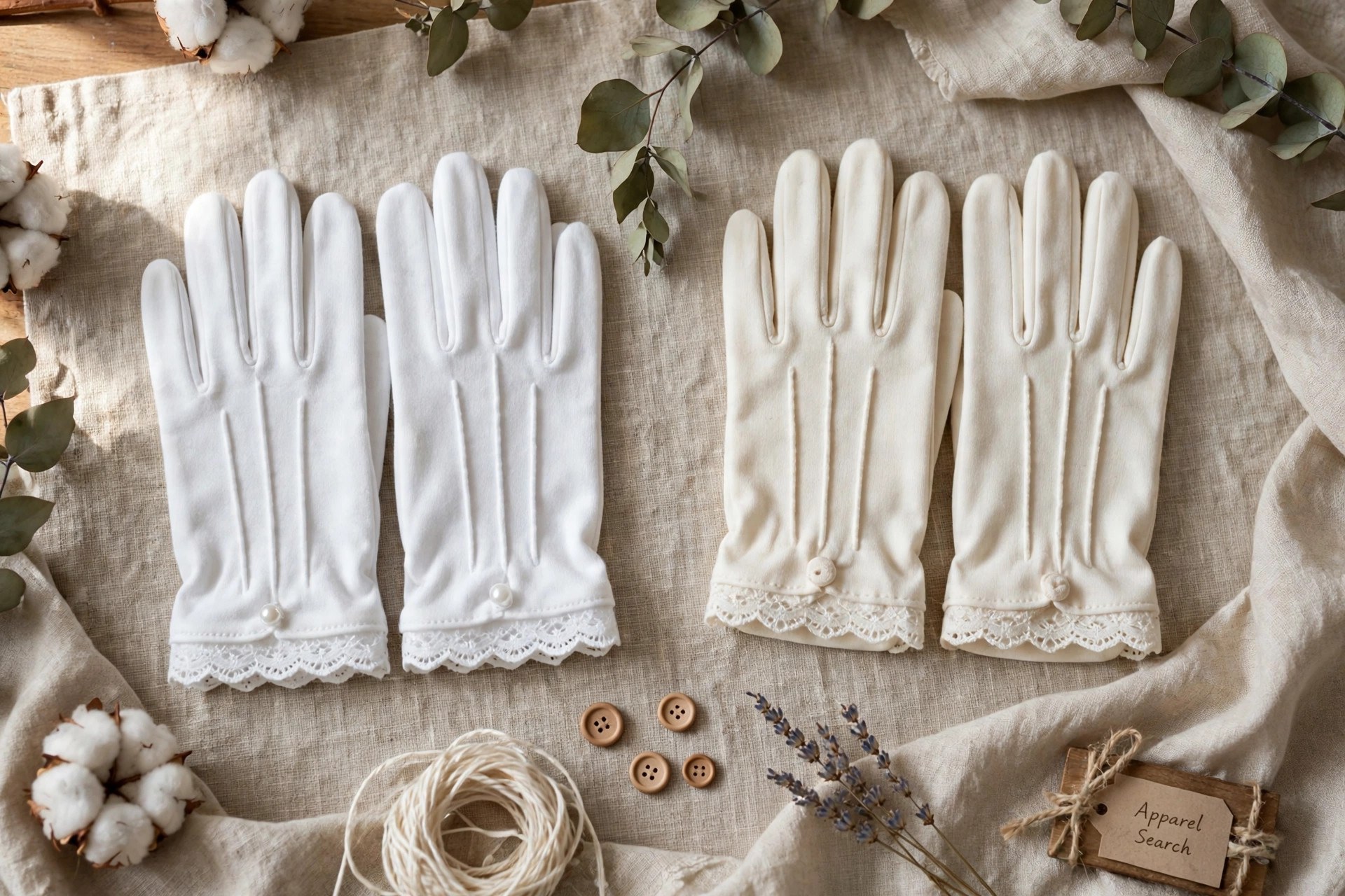 Children's formal gloves in white and ivory cotton laid flat in pairs beside a small communion dress accessory display, garments only