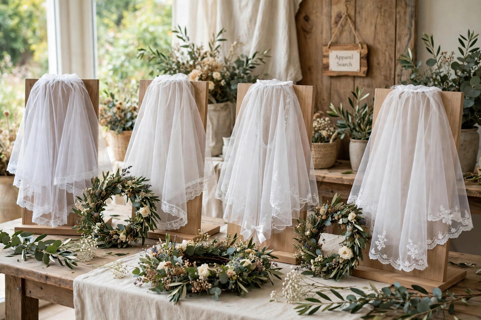 Children's communion veils in white tulle draped over display stands beside floral wreaths, garments only, no people