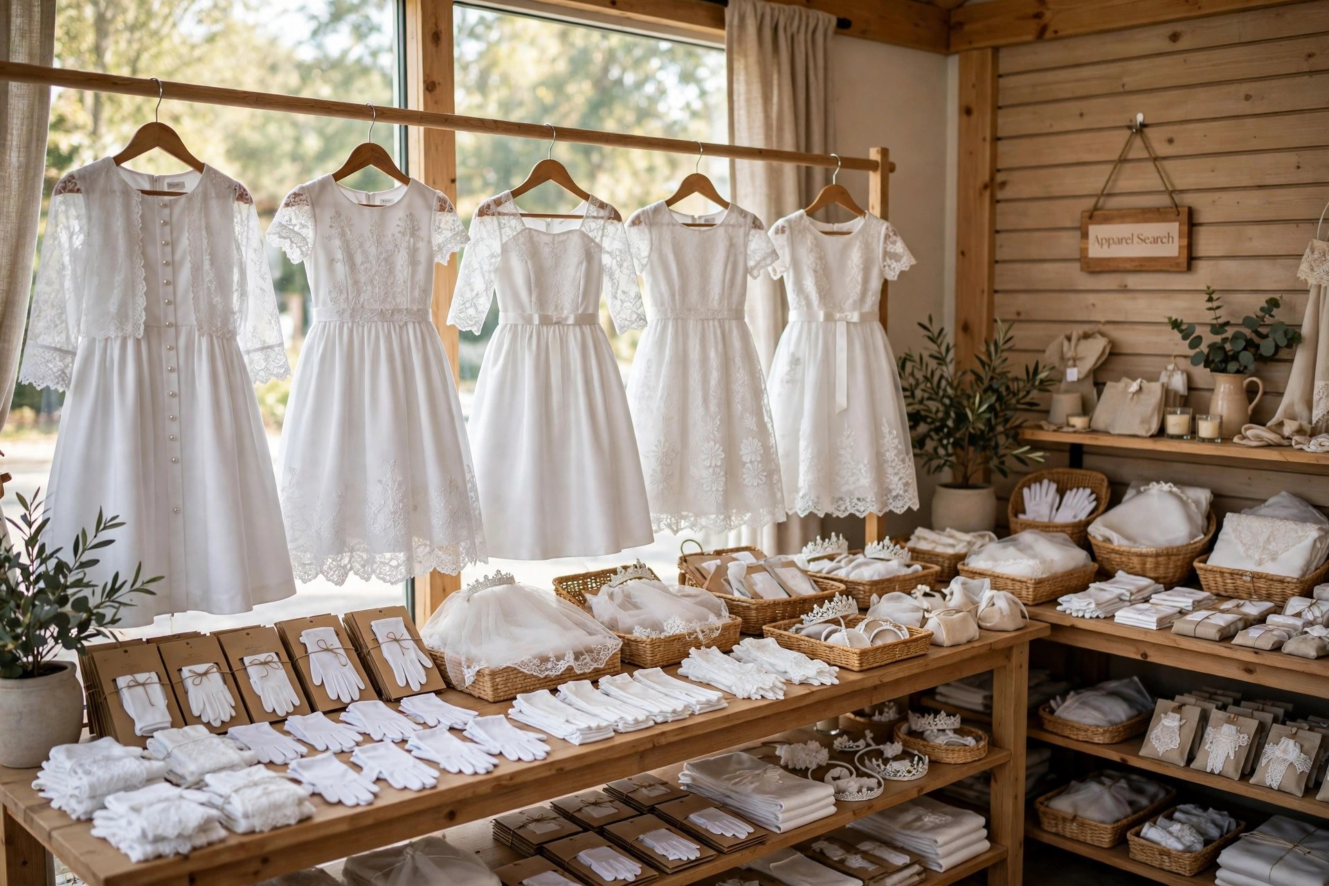 White First Communion dresses with veils and gloves arranged in a specialty store display, garments only