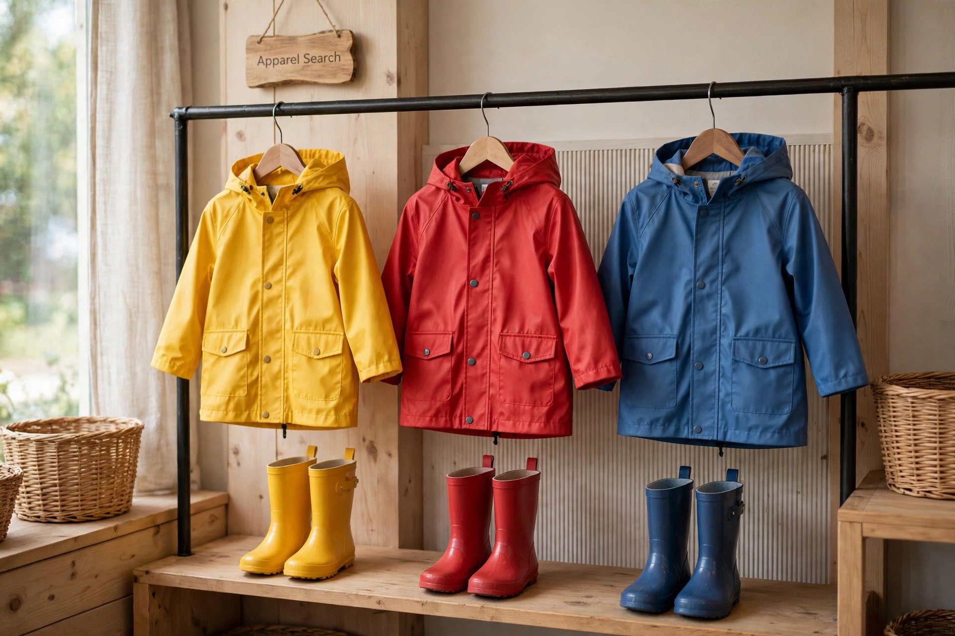 Children's rain coats in yellow, red and blue with hoods hanging on a store rail beside rain boots, garments only