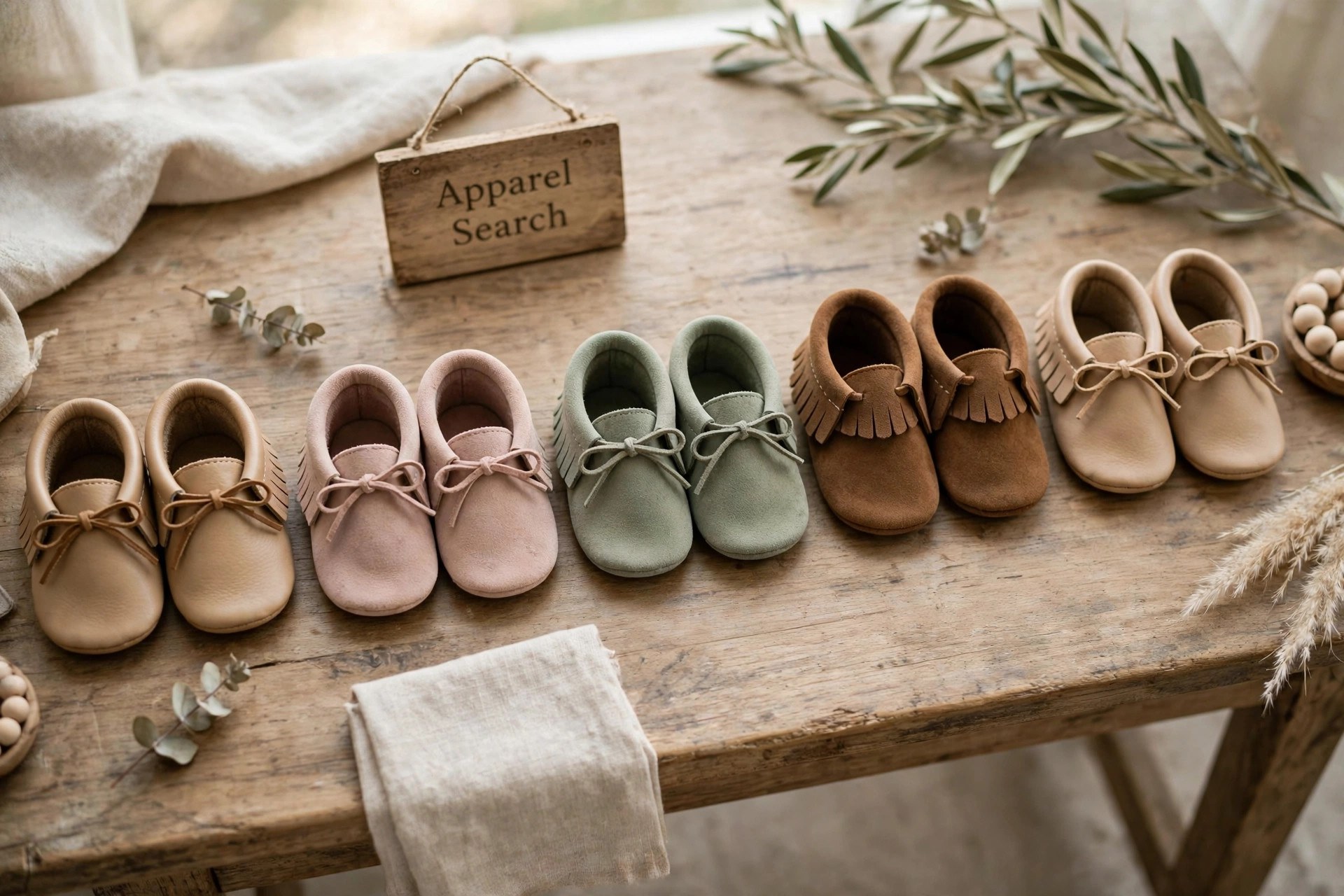 Soft baby moccasins in leather and suede arranged in pairs on a display table, products only