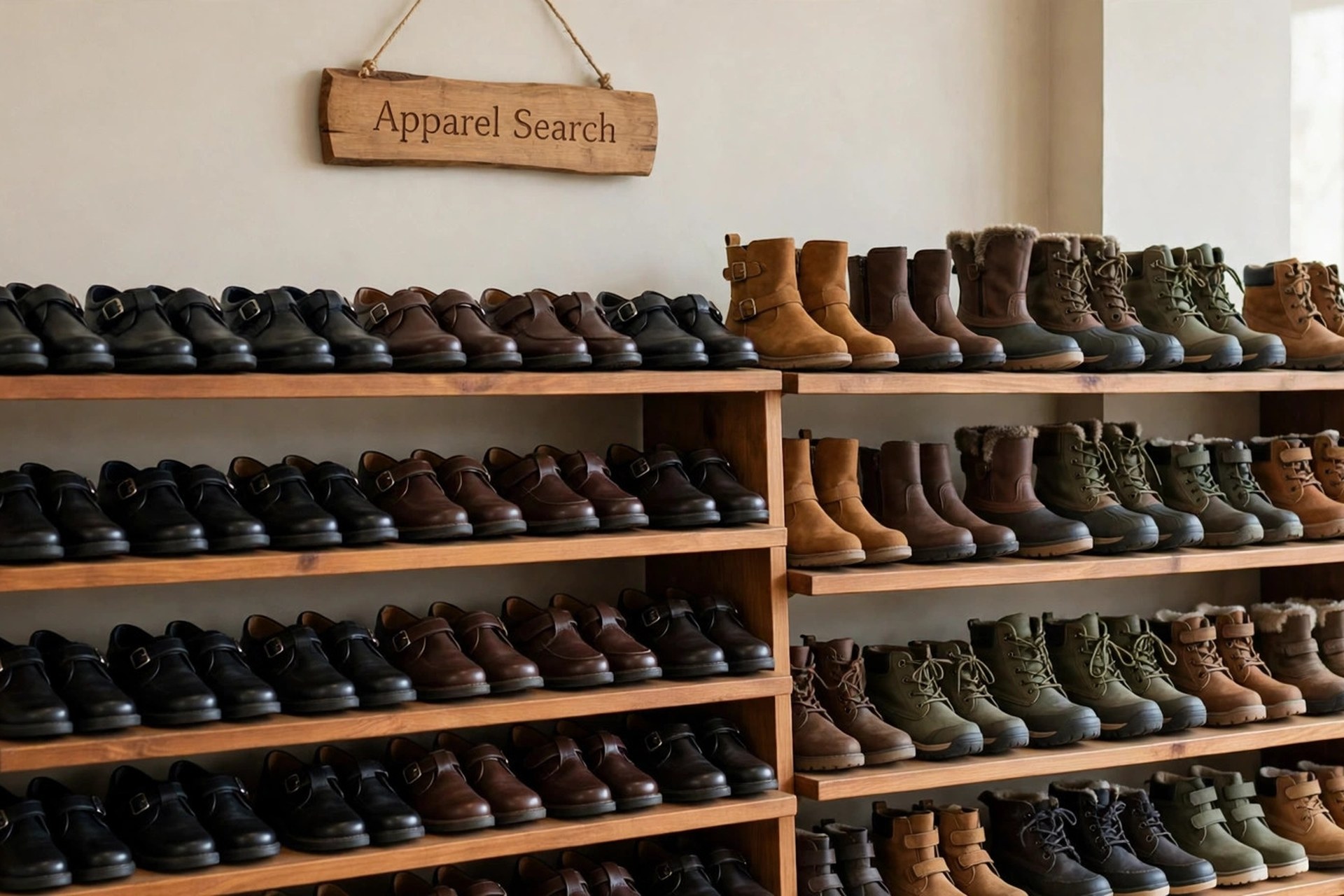Children's shoes on store shelves: sneakers, school shoes, boots and sandals in rows, products only