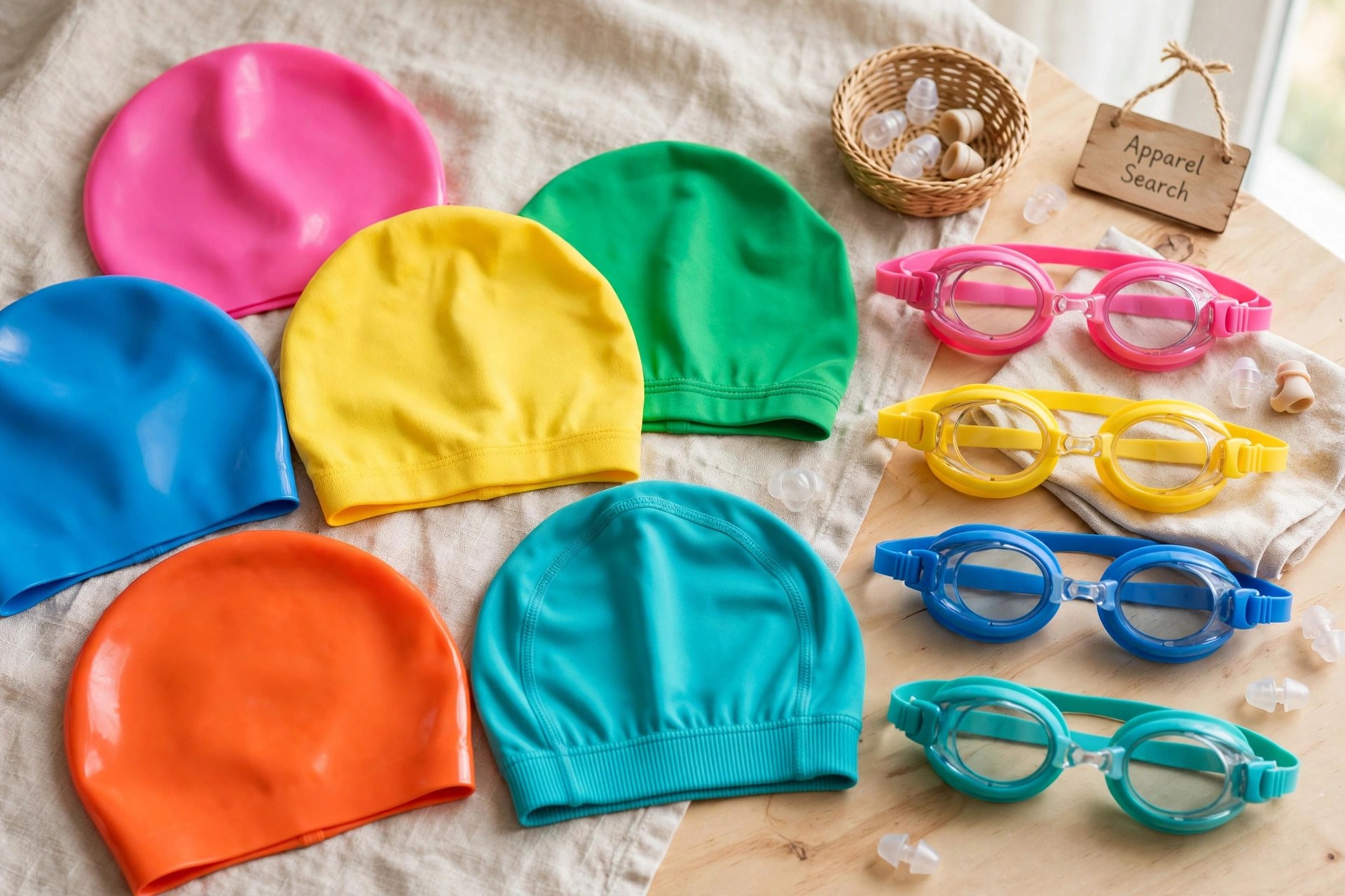 Children's swim caps in silicone and lycra in bright colors laid out on a display beside goggles, products only