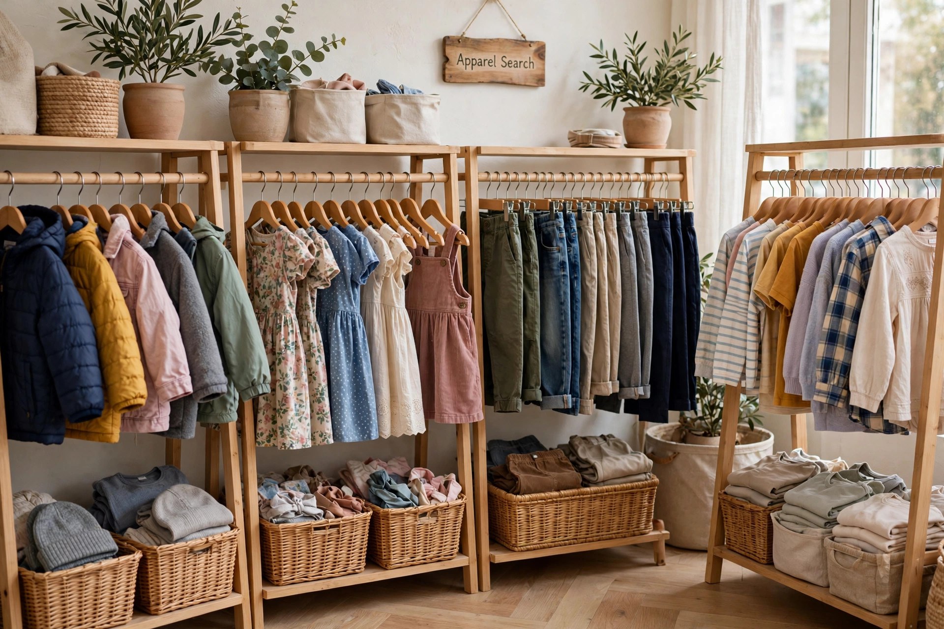 Children's used clothing on organized store racks: sorted jackets, dresses, pants and tops in a resale shop, garments only