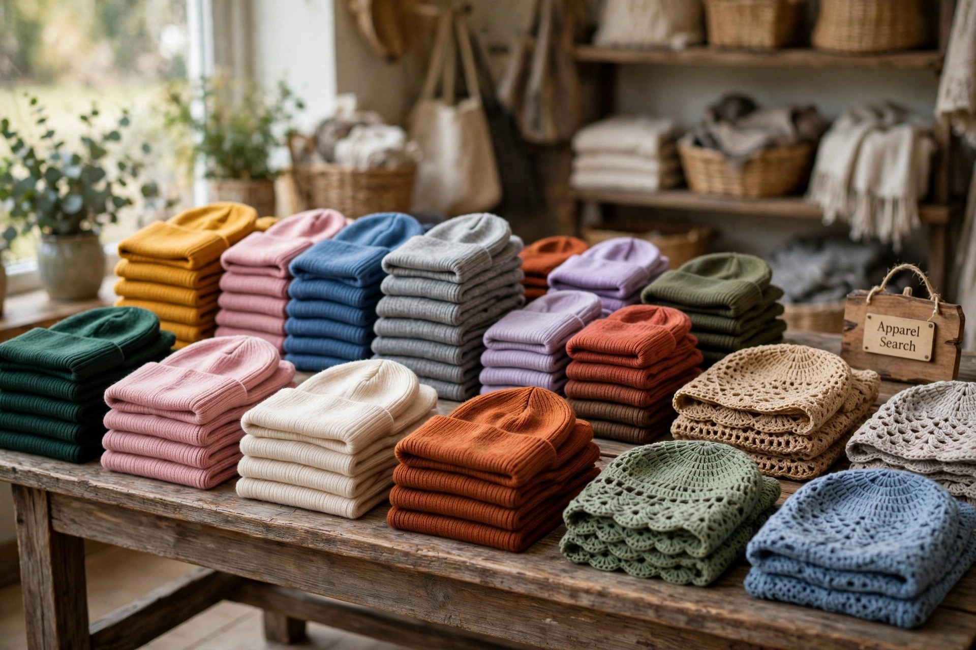Knit beanies in folded stacks of many colors on a store table with crocheted tams beside them