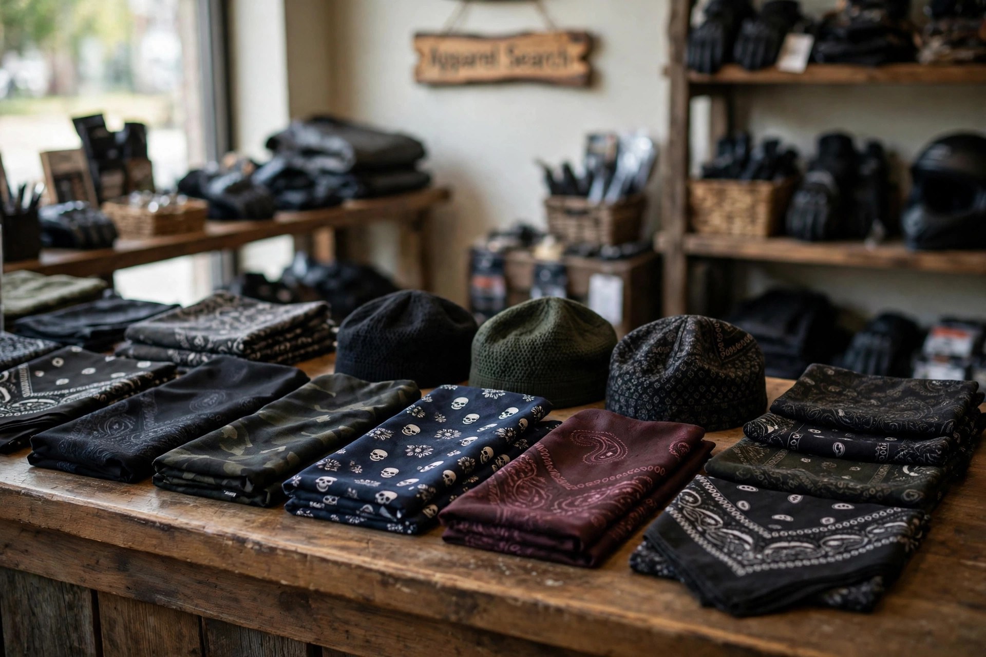 Do-rags, skull caps and bandanas in dark and printed fabrics laid out on a motorcycle gear store counter