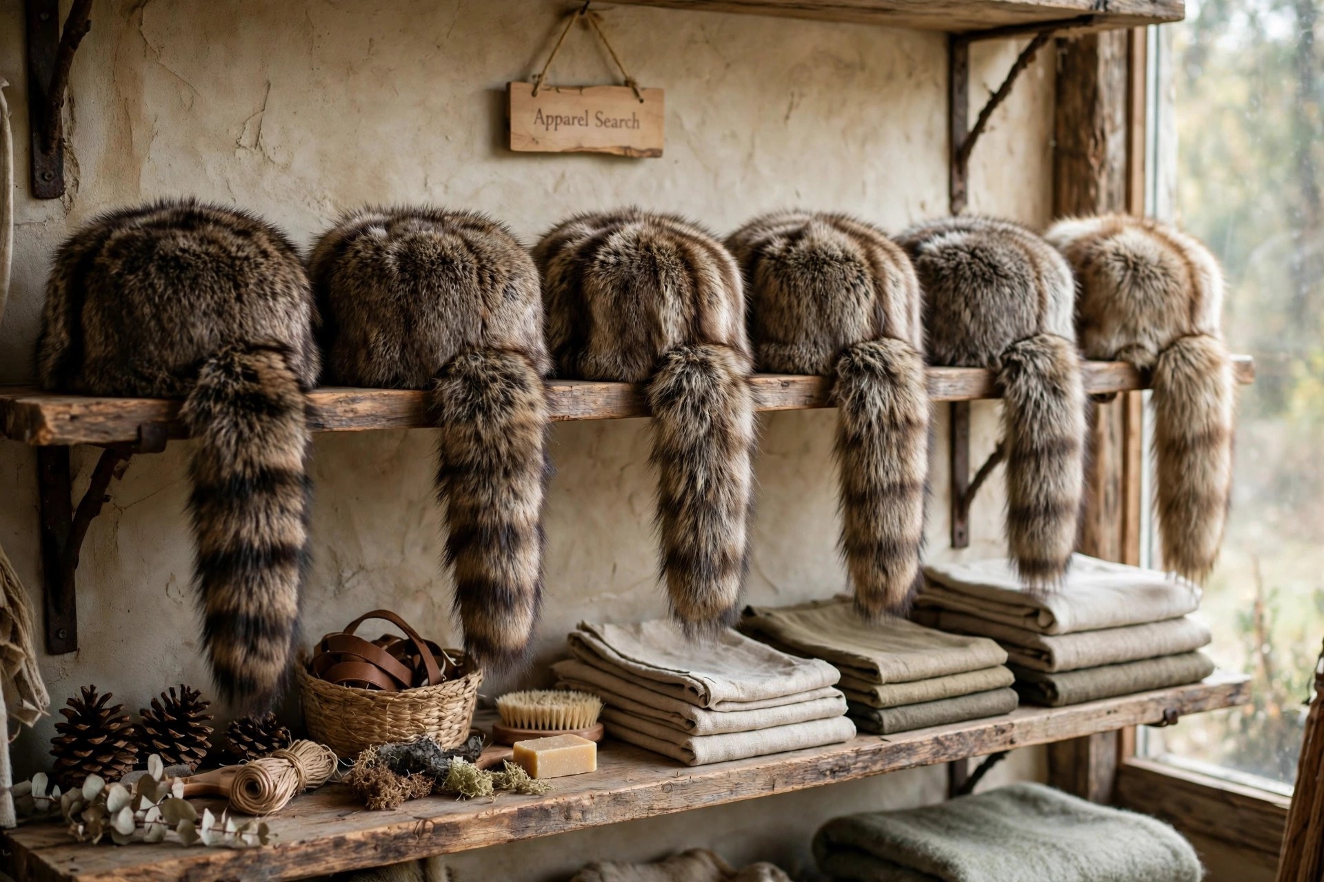 Coonskin caps with tails in raccoon-pattern fur and faux fur displayed on a rustic store shelf