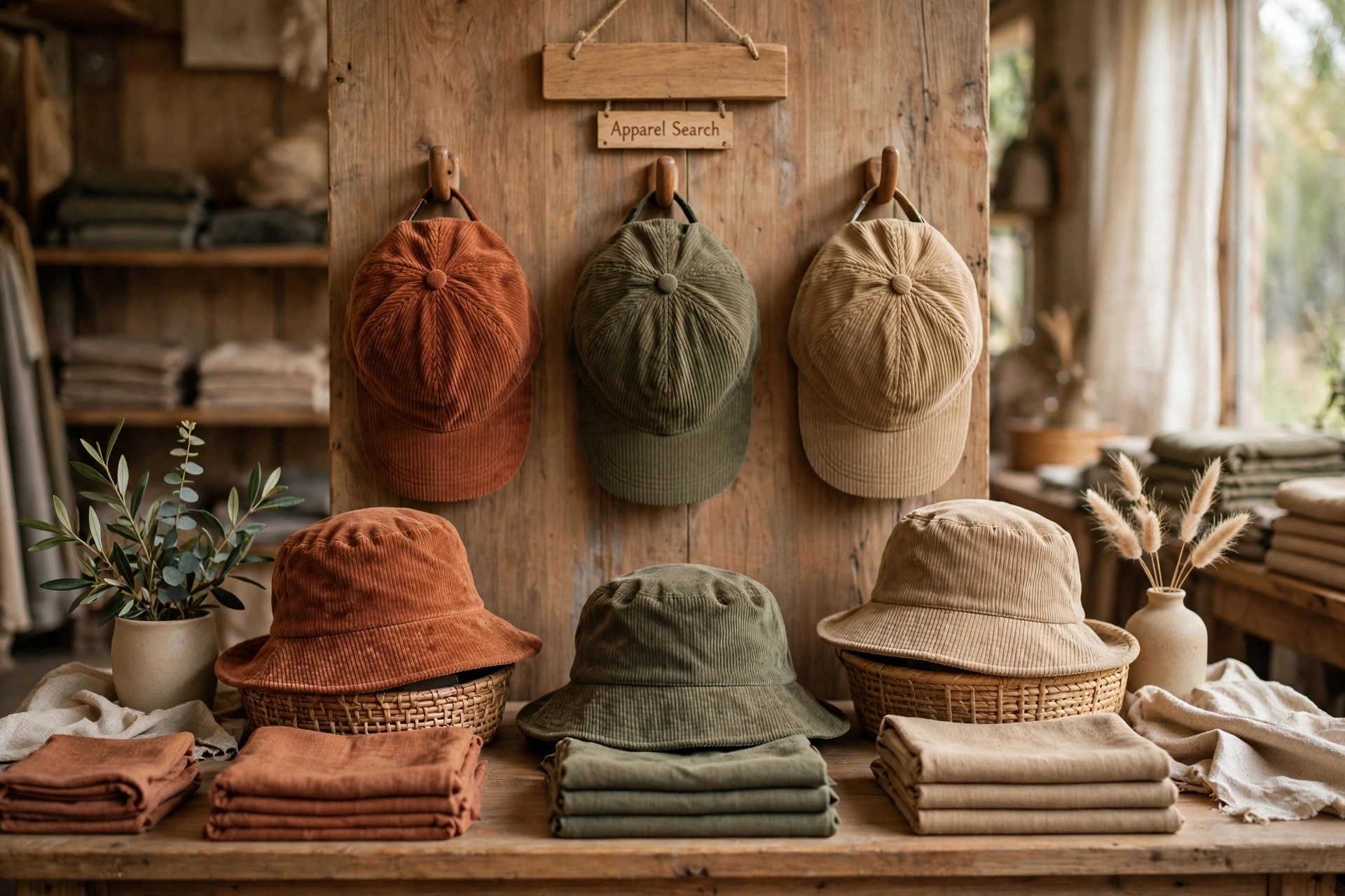 Corduroy caps and soft hats in rust, olive and tan ribbed fabric on a store display