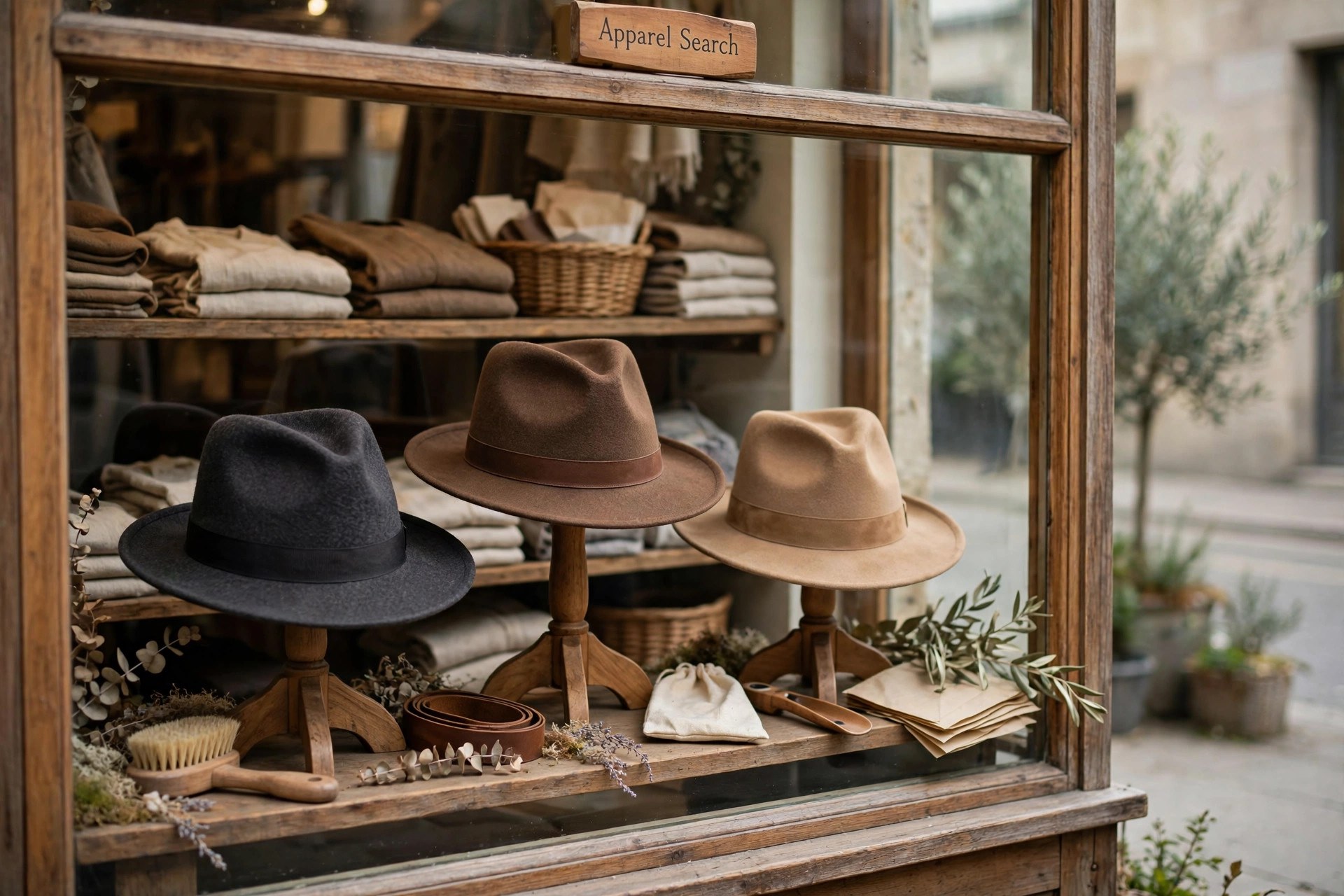 Felt fedora hats with pinched crowns in charcoal, brown and tan on wooden hat stands in a shop window