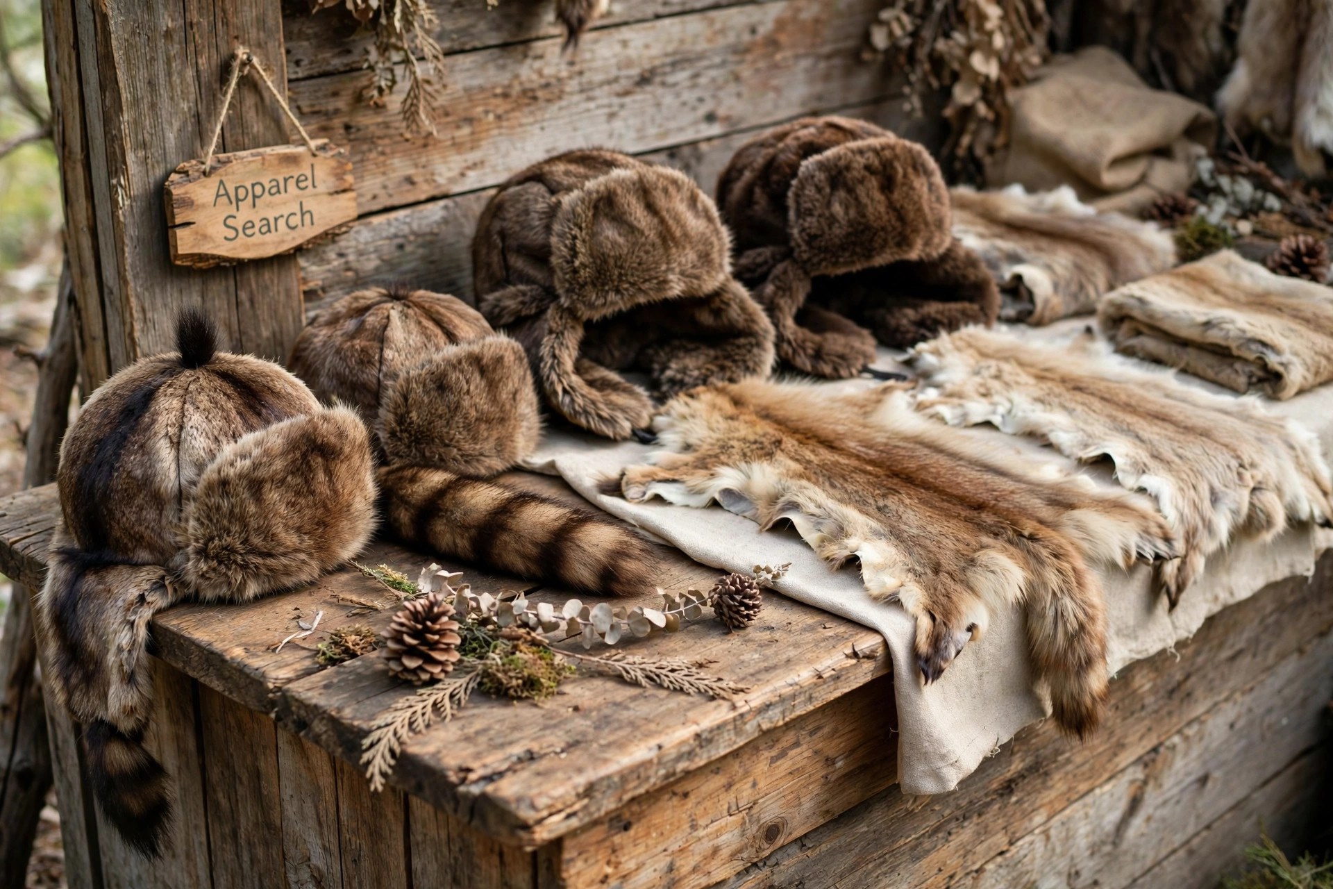 Genuine fur hats and coonskin caps with natural pelts displayed on a rustic wooden counter