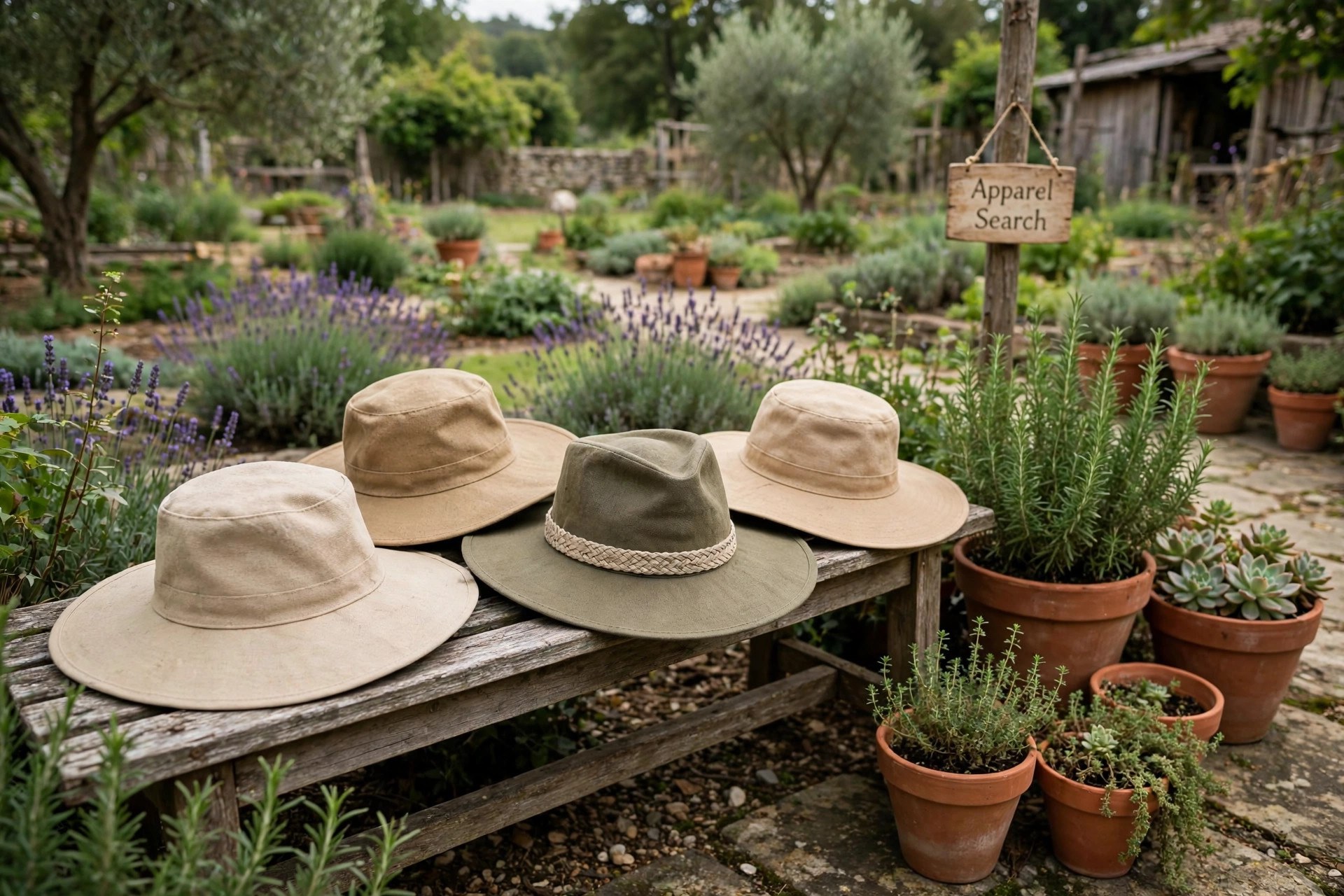 Wide-brim canvas gardening hats in natural tones resting on a garden bench beside terracotta pots