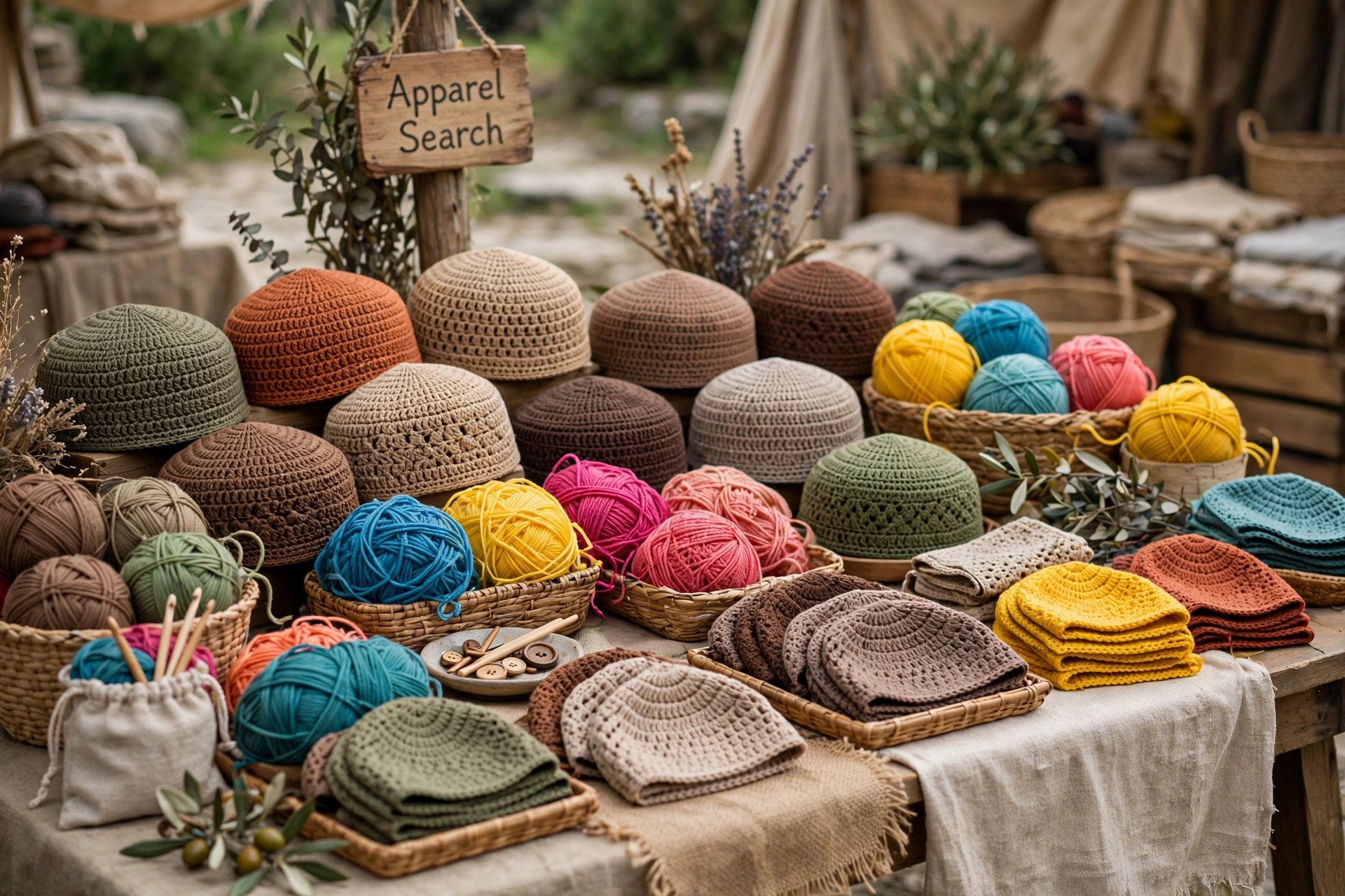 Hand crocheted kufi caps and skullcaps in earth tones and bright yarns arranged on a market table