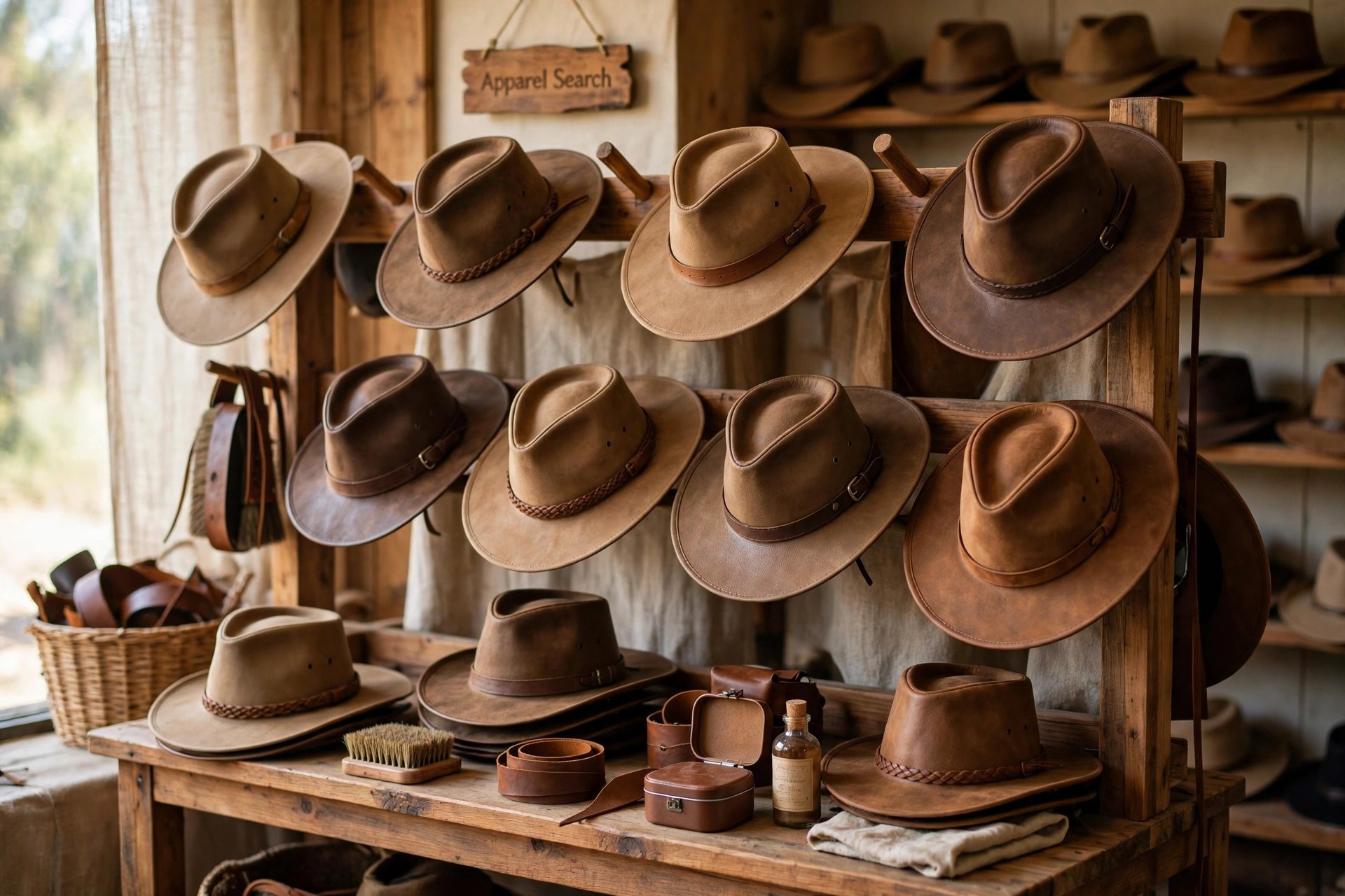 Leather hats in tan and brown, including outback styles, displayed on a wooden rack in a hat store