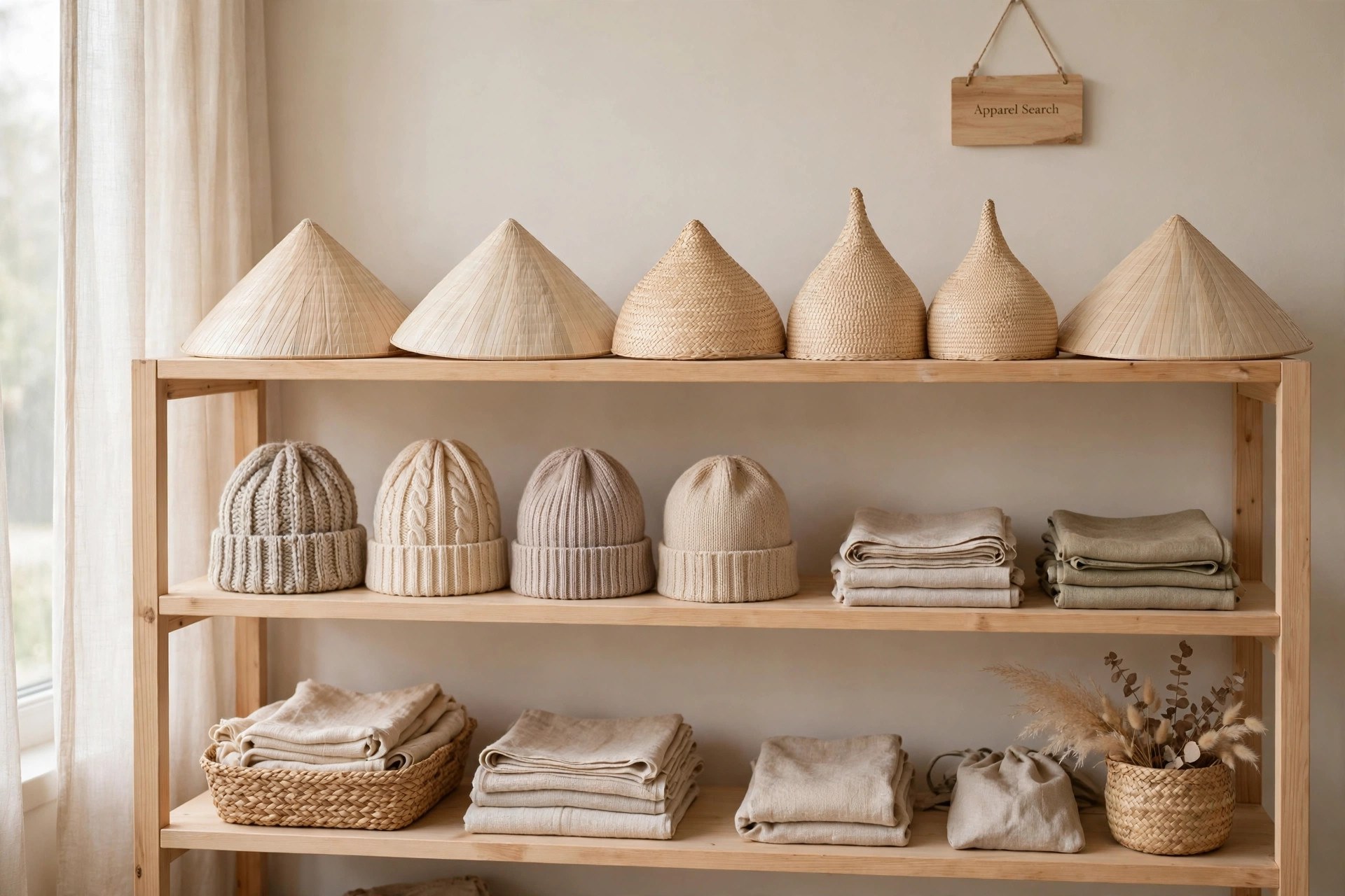 Asian-style conical straw hats and elegant knitted hats displayed together on a light shop shelf