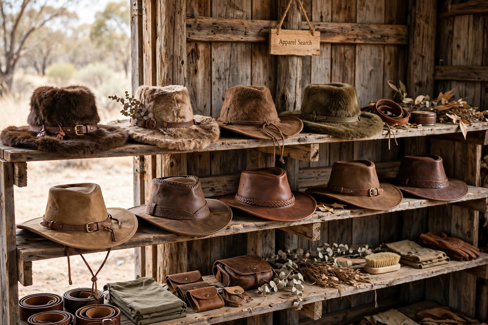 Australian outback bush hats in fur felt and leather with wide brims on a rustic timber store shelf