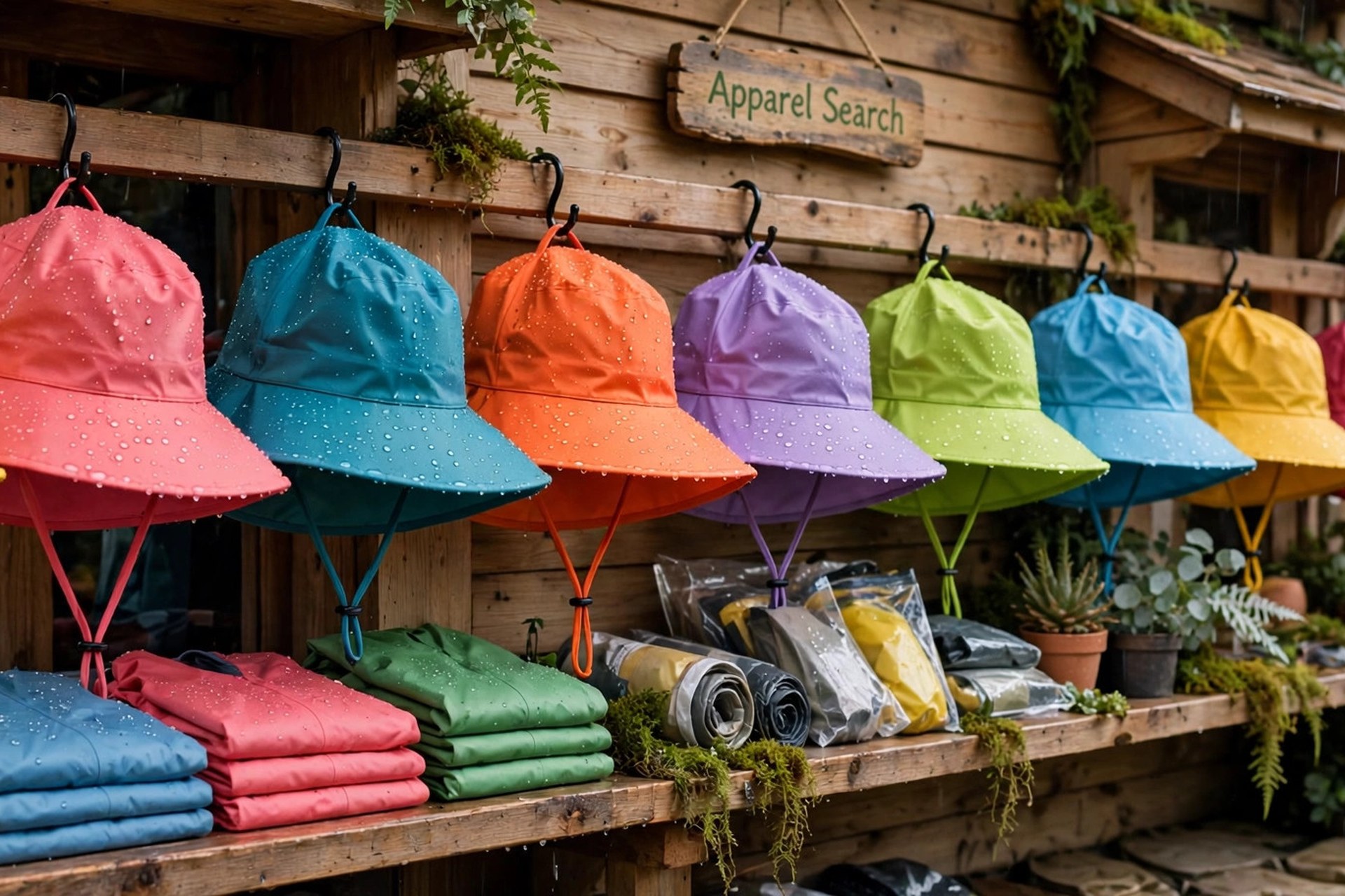 Waterproof rain hats in bright colors with wide brims beaded with water droplets on a shop rail