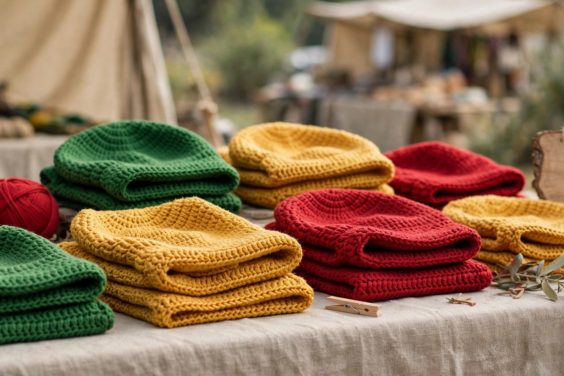 Handmade Rasta-style tam hats in green, gold and red crocheted yarn folded on a craft market table