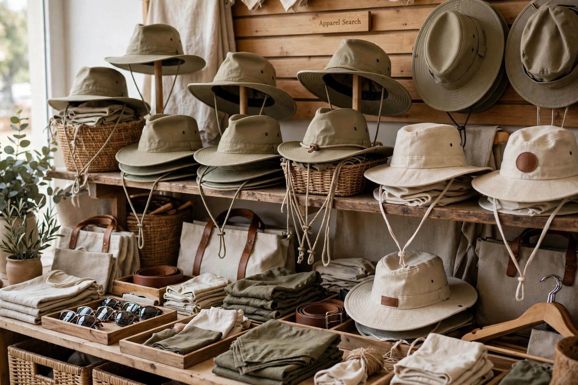 Khaki safari hats with wide brims and chin cords arranged with canvas travel hats in a store