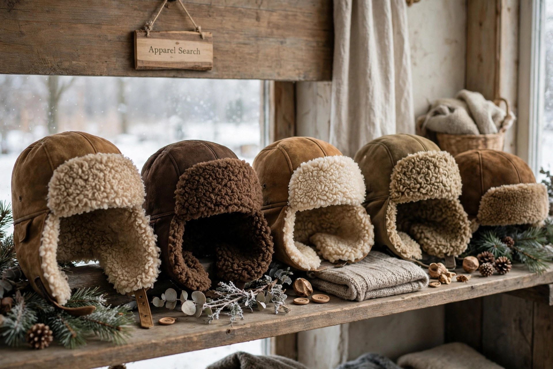 Shearling sheepskin hats with curly wool fleece lining and suede outer displayed on a winter shelf