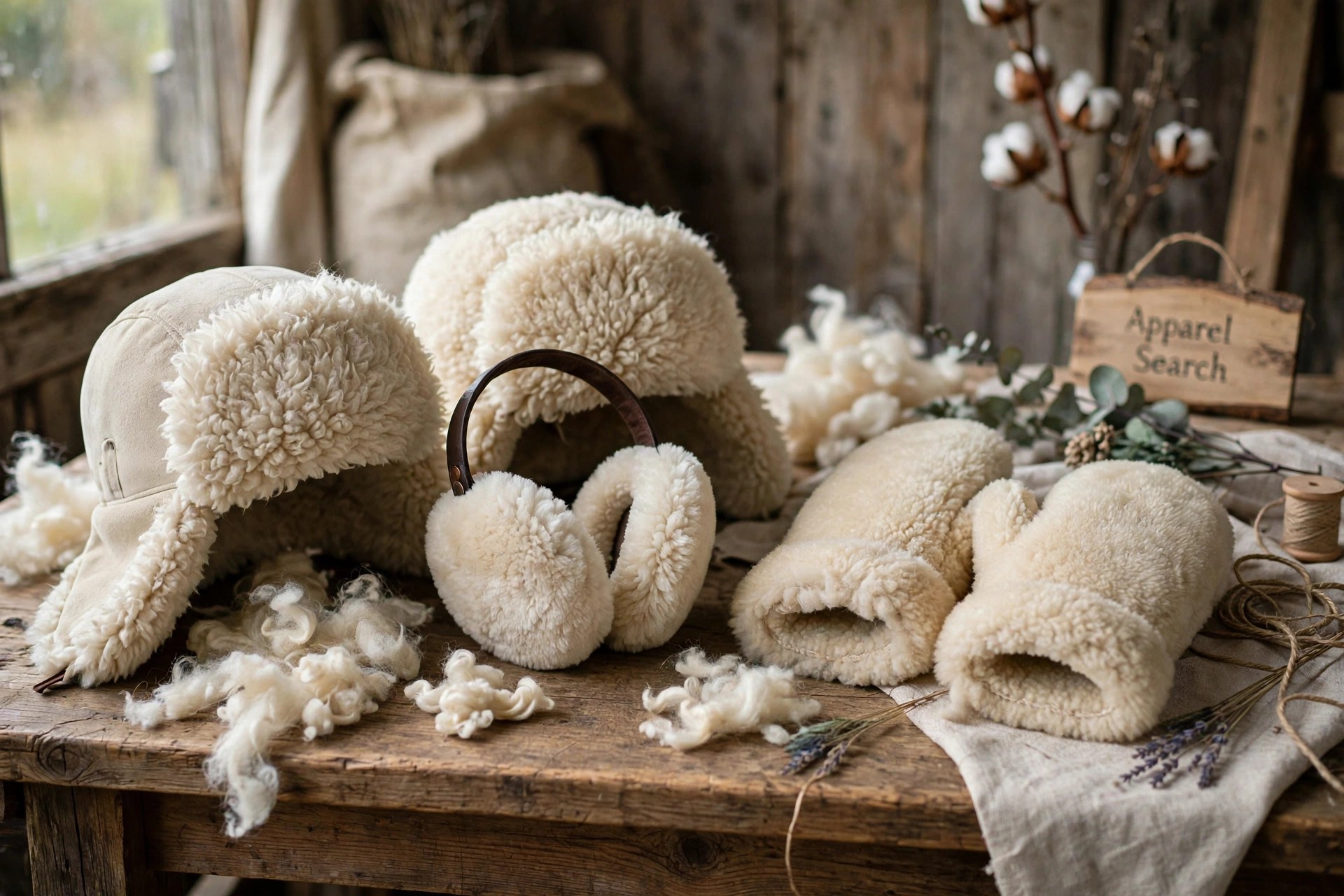 Natural sheepskin hats, earmuffs and mittens with thick wool fleece laid out on a wooden workbench