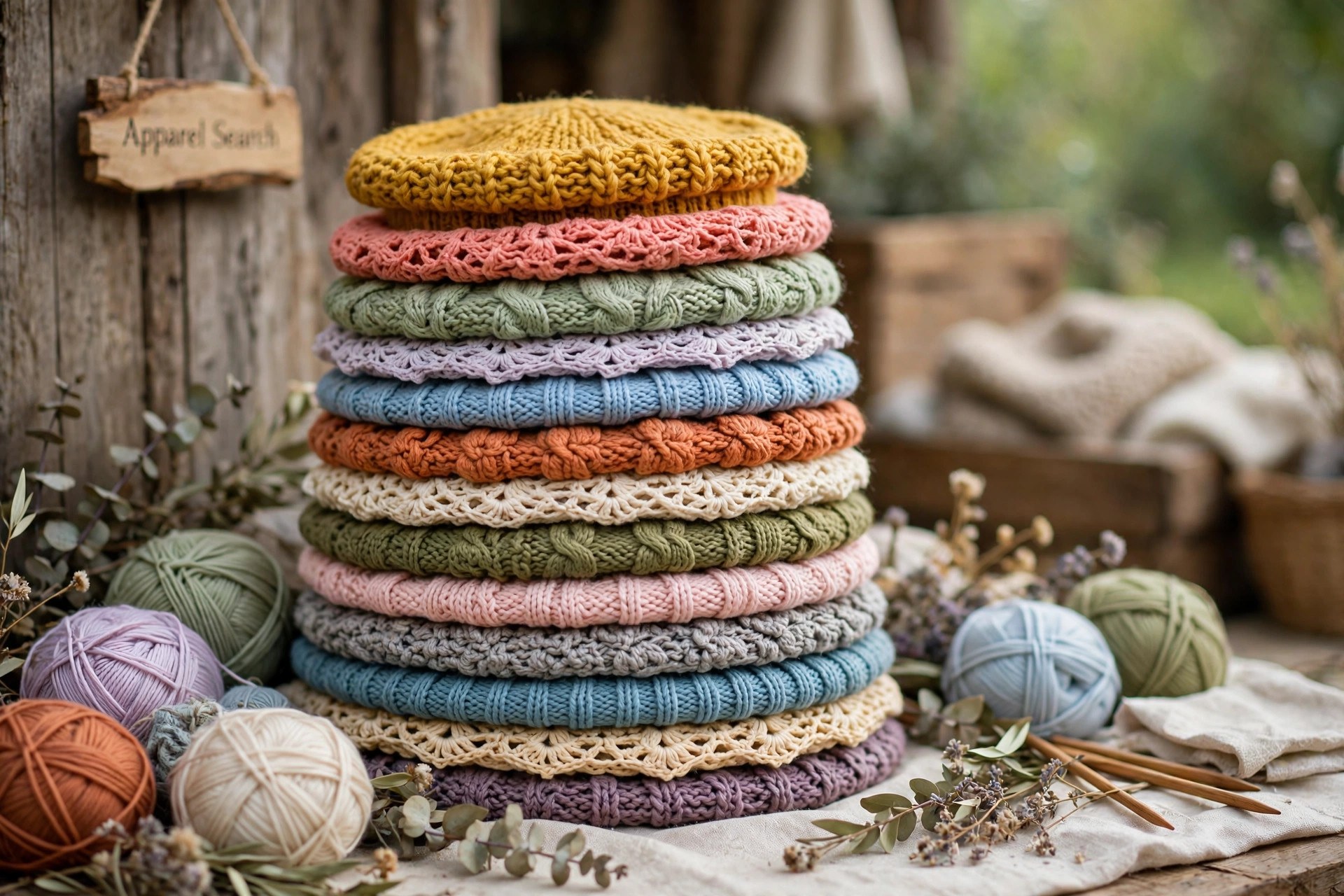 Hand-knitted and crocheted tam hats in soft yarns with full flat crowns arranged in a colorful stack