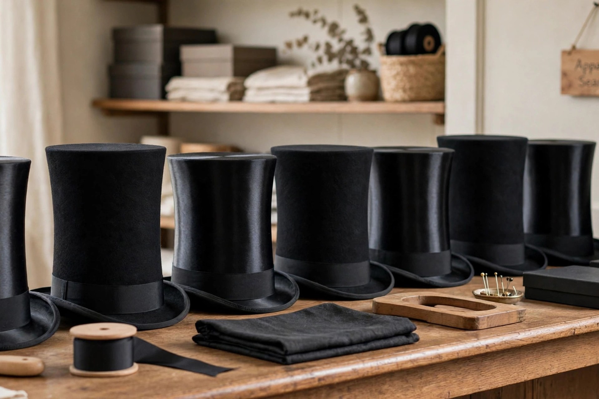 Black top hats with tall flat crowns in satin and felt standing in a row on a formal shop counter