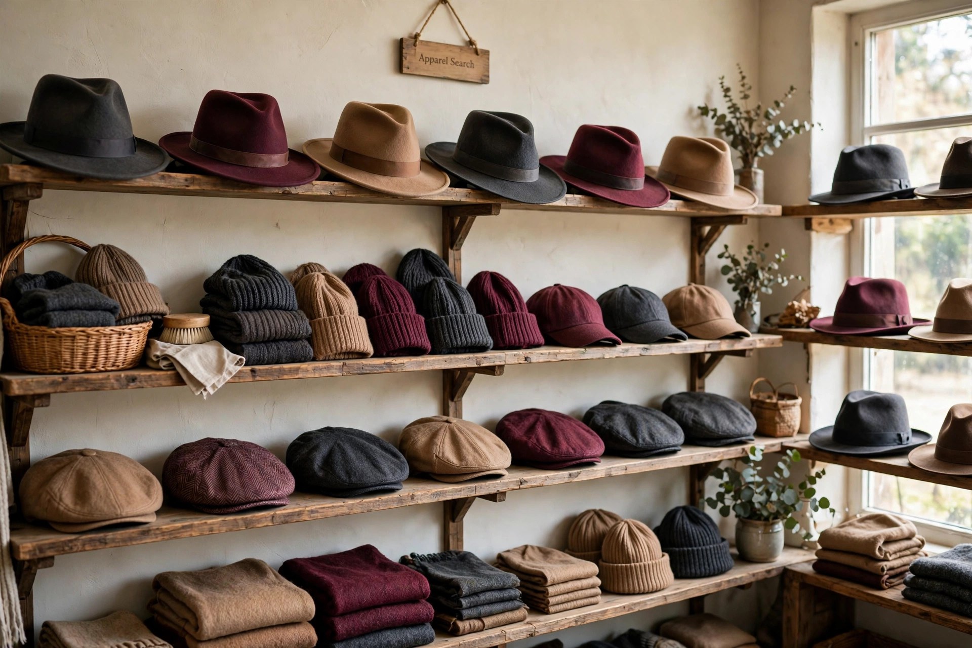 Wool hats and caps in charcoal, burgundy and camel felt and knit styles arranged on wooden shelves in a hat shop