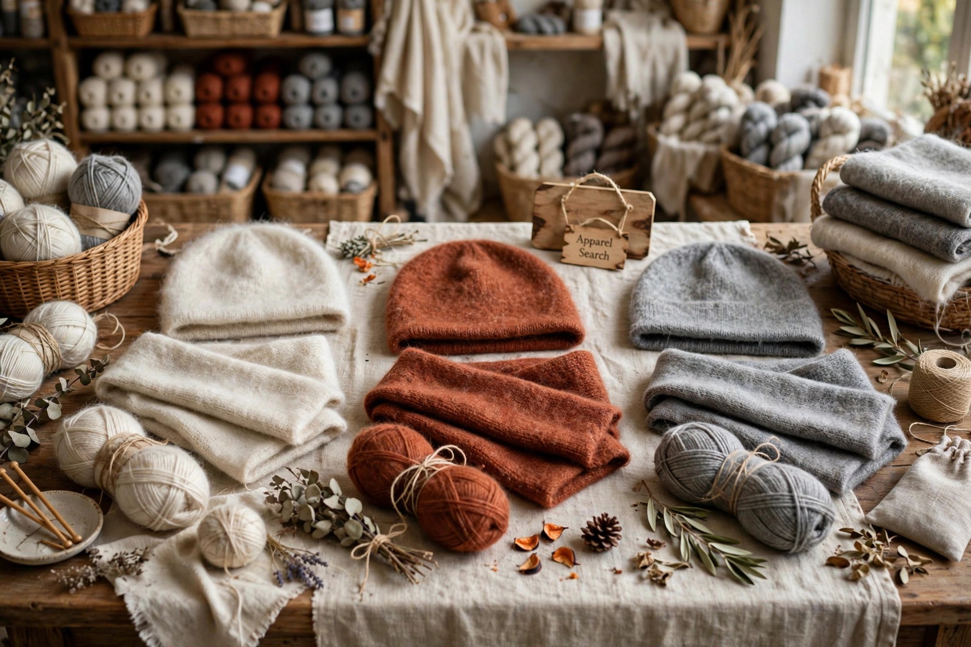 Soft woolen hats and matching scarves in heathered cream, rust and grey wool, acrylic and mohair arranged on a craft shop table