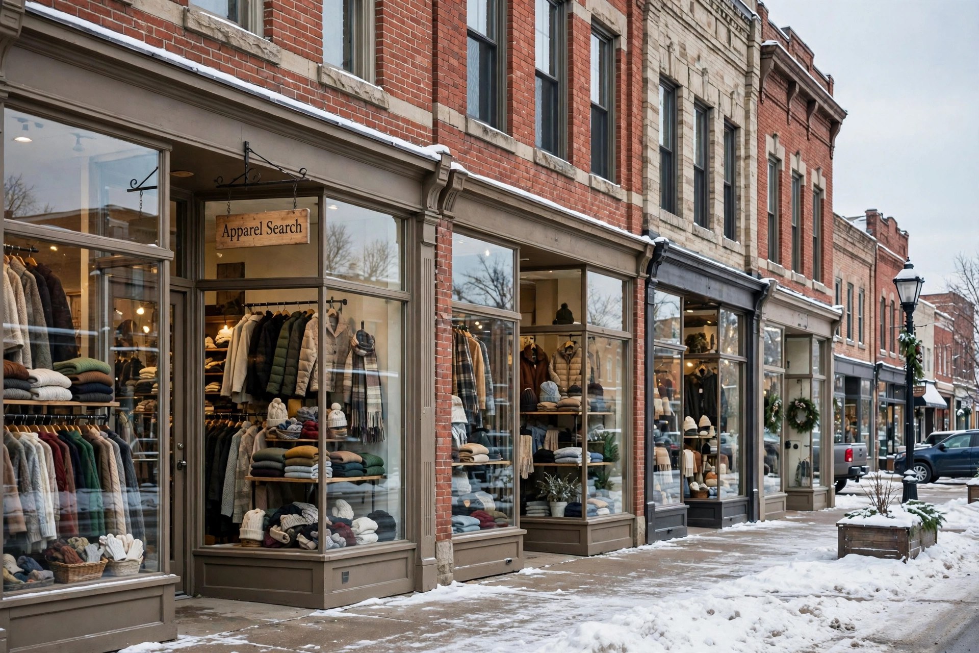 Clothing store windows on a Midwestern main street in winter, coats and knitwear on display, shoppers' shopping district with an Apparel Search storefront sign