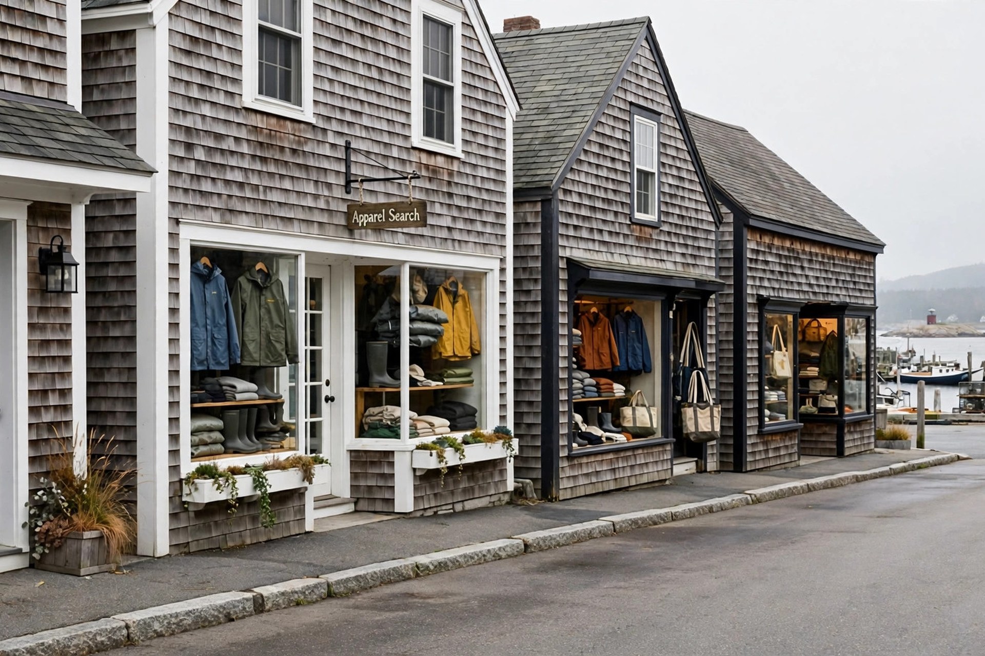Clothing shops on a New England coastal main street, shingled storefronts with sweaters and rain gear in the windows and a harbor beyond, Apparel Search sign on one store