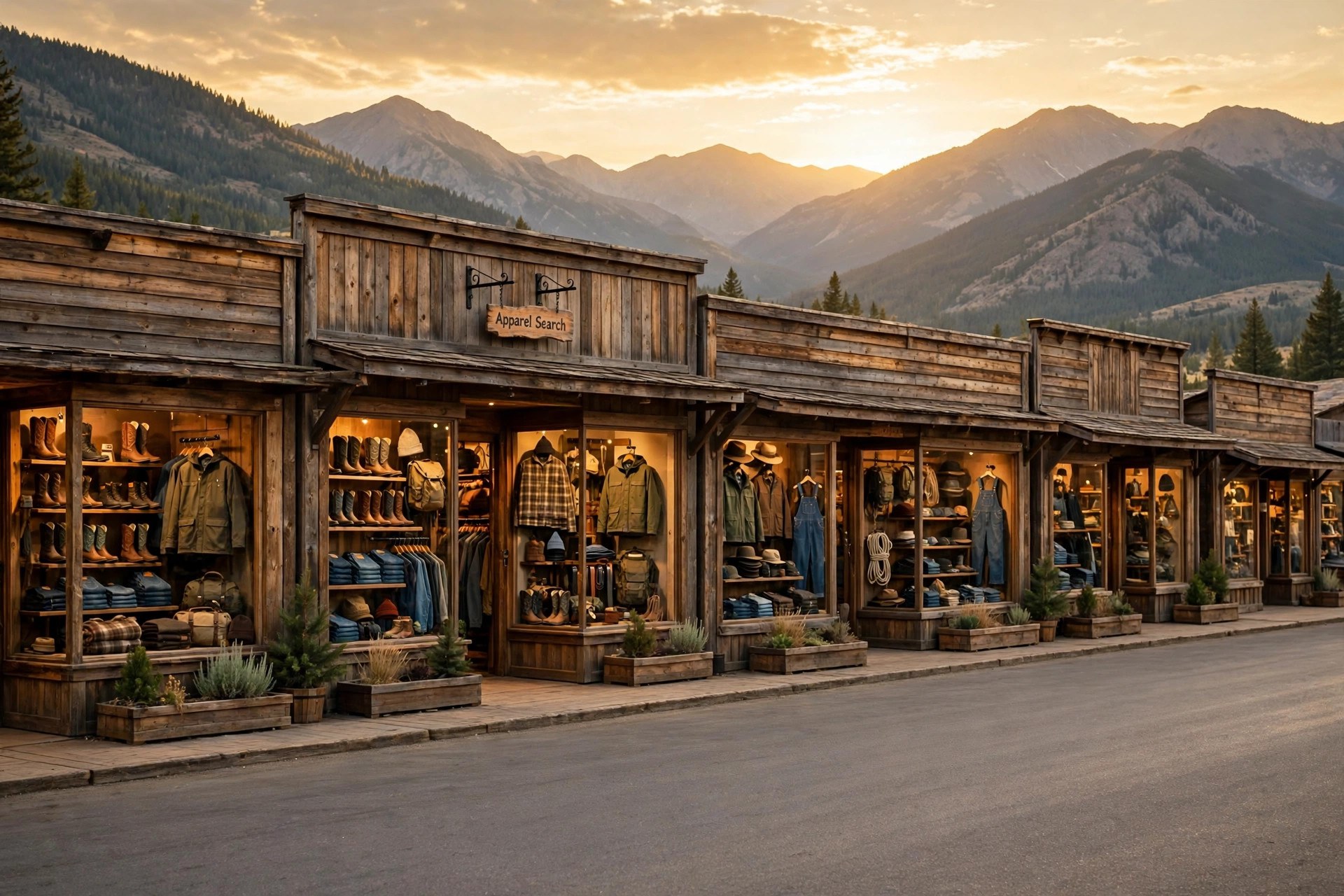 Western clothing stores on a wide street at golden hour, boots, denim and outdoor apparel in the windows with mountains on the horizon, Apparel Search sign above a store
