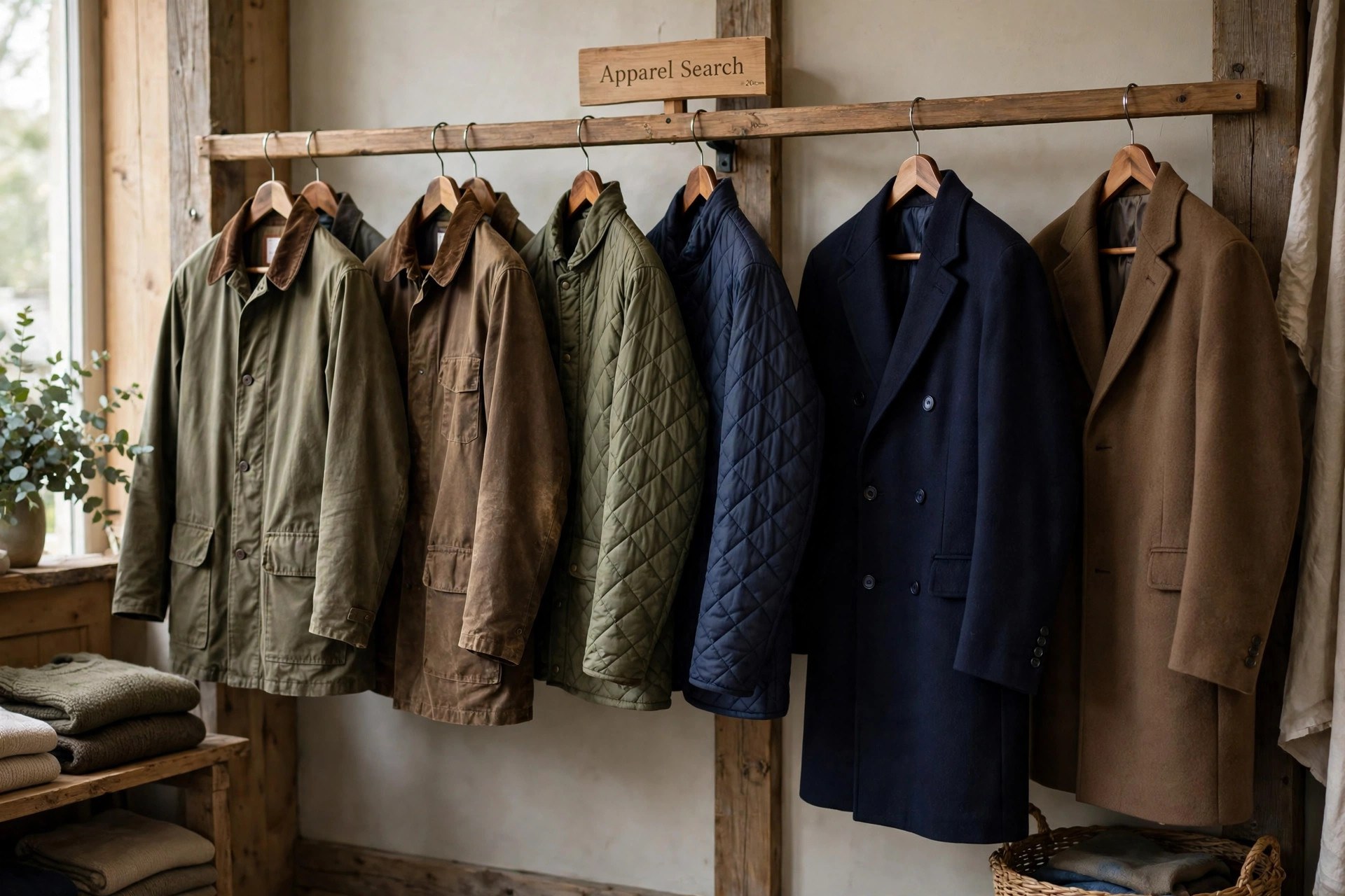Men's outerwear on a store rail: waxed cotton country jackets, wool overcoats and quilted jackets in olive, navy and brown, a small Apparel Search sign above the rail