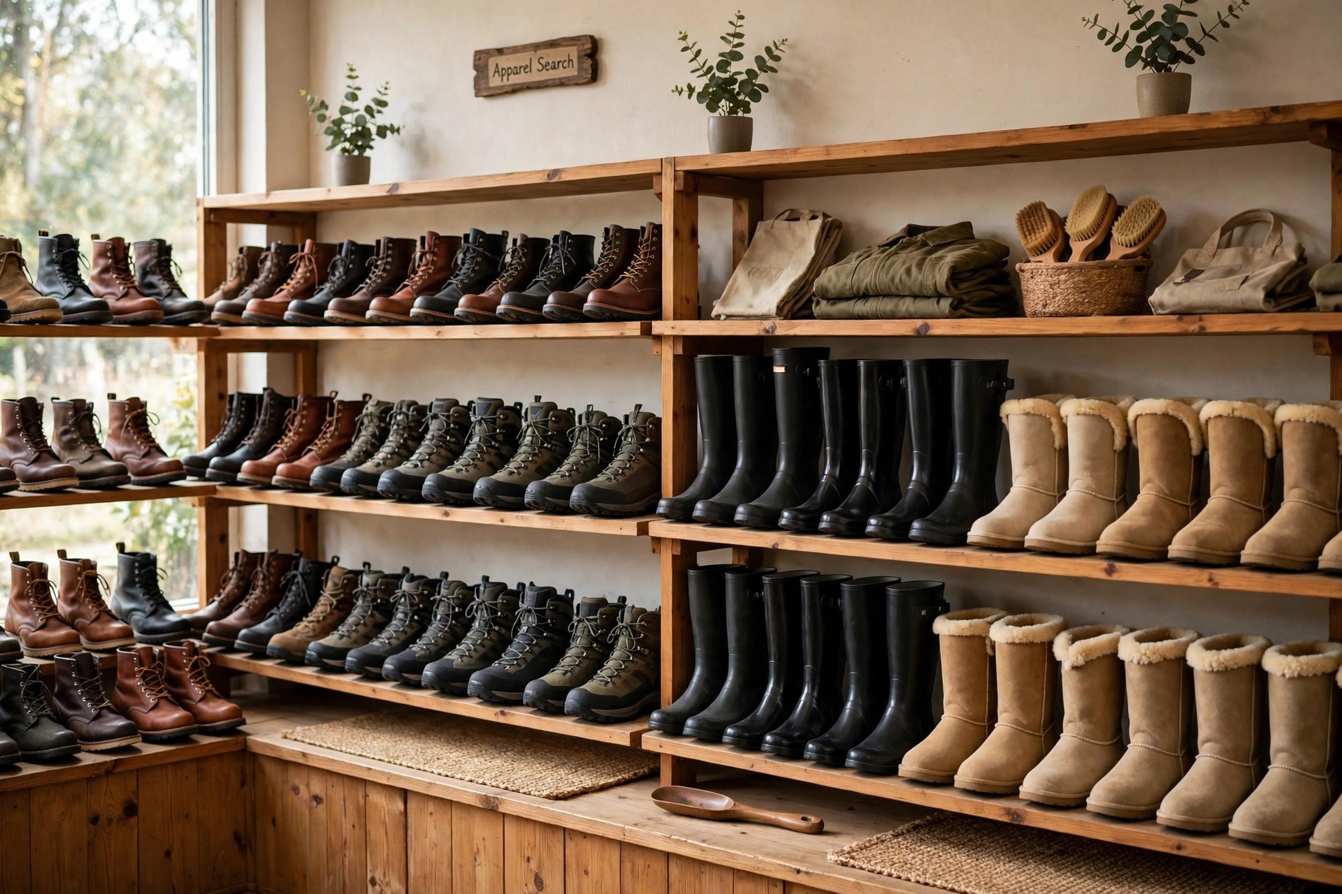 Rows of men's boots on wooden store shelves: leather work boots, hiking boots, black rain boots and sheepskin-lined boots, a small Apparel Search sign on the wall