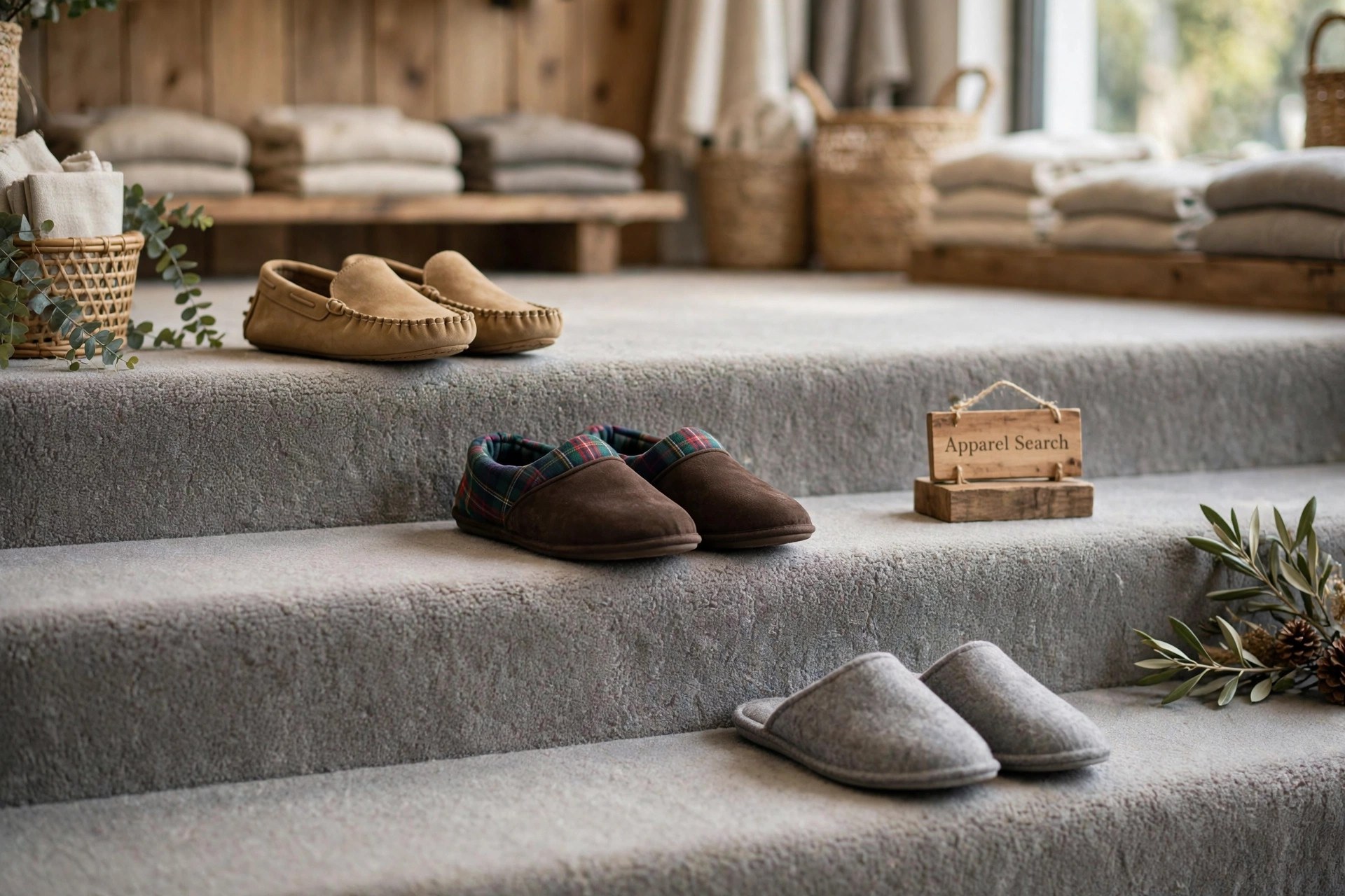 Men's slippers arranged on a store display: tan moccasins, plaid lined slippers and grey felt slip-ons on carpeted steps, a small Apparel Search sign on the display
