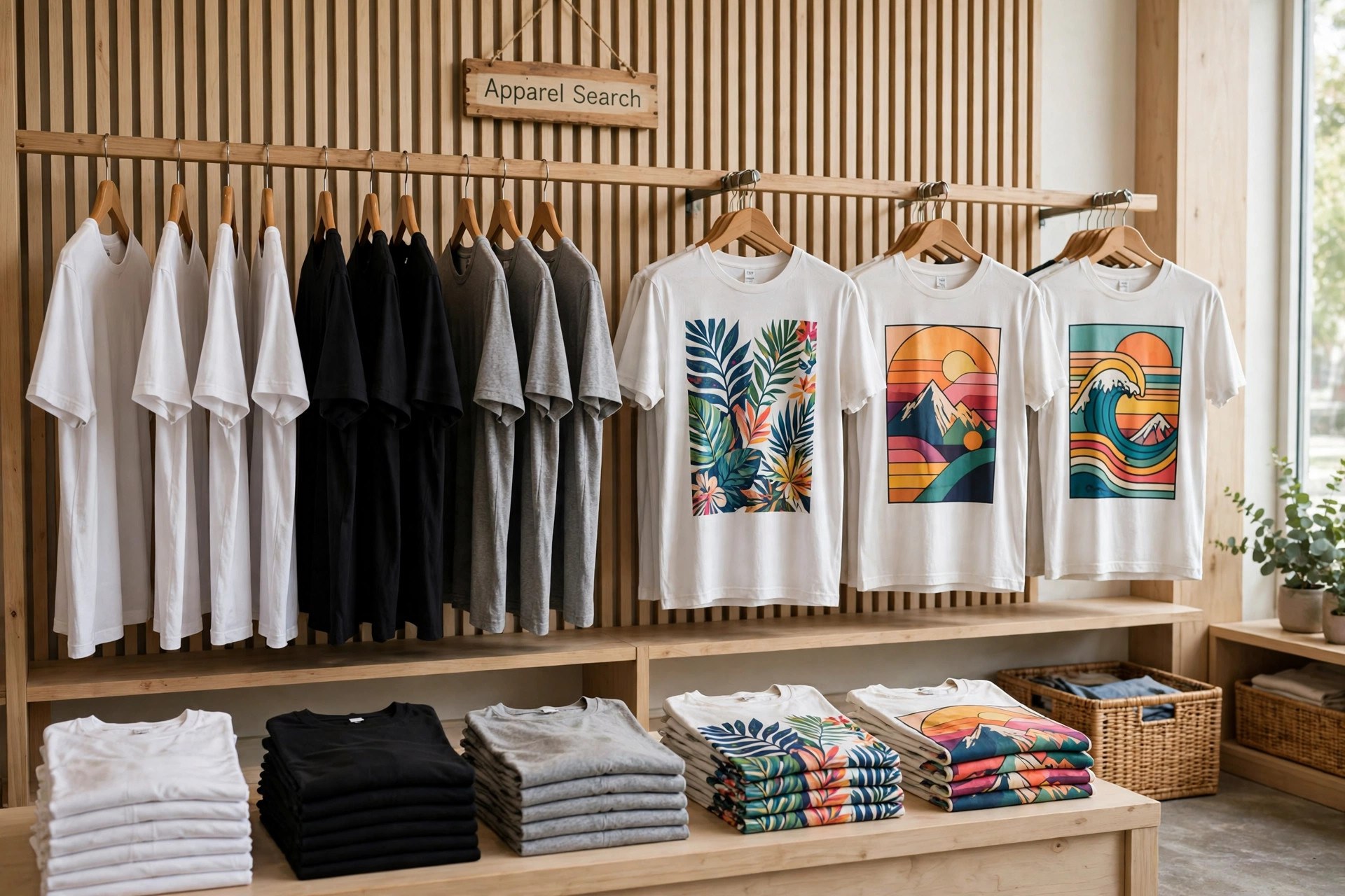 Men's t-shirts on store rails and folded stacks: plain tees in white, black and grey beside graphic printed t-shirts with colorful artwork, a small Apparel Search sign above the rail
