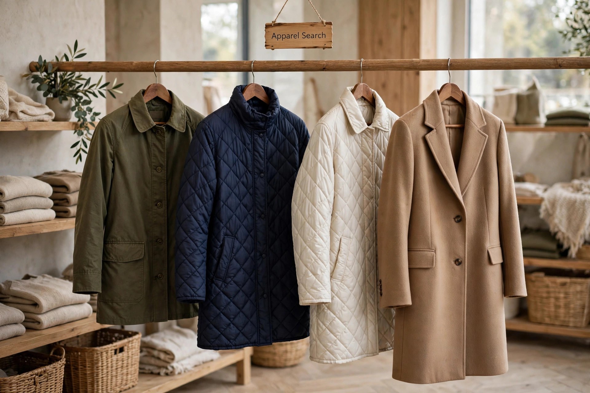 Women's outerwear on a store rail: a waxed cotton jacket, quilted down coats, a wool tailored coat and a trench coat in olive, navy, cream and camel, a small Apparel Search sign above the rail
