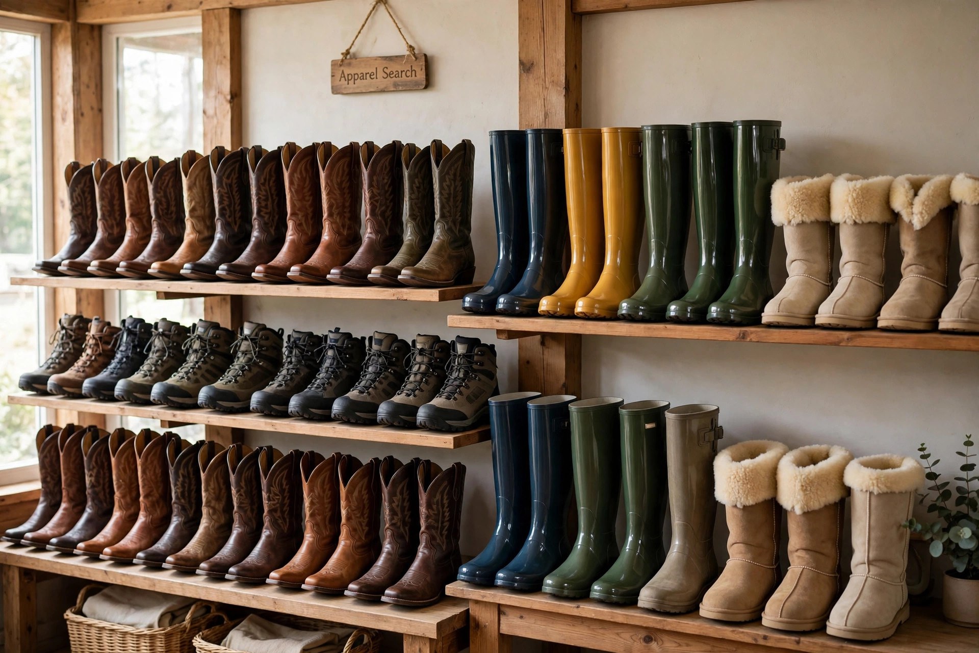 Rows of women's boots on wooden store shelves: leather cowboy boots, hiking boots, glossy rain boots and sheepskin-lined boots, a small Apparel Search sign on the wall