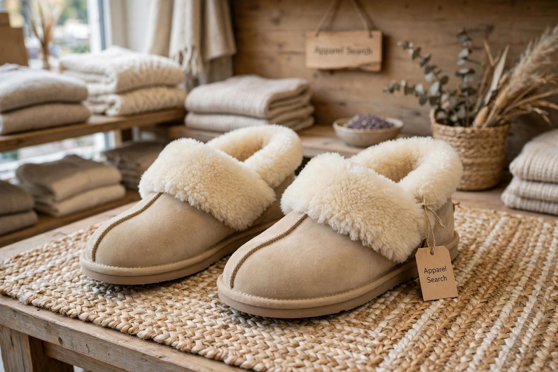 Women's sheepskin slippers with thick cream wool fleece lining turned out at the collar, on a woven rug in a store display with a small Apparel Search tag attached