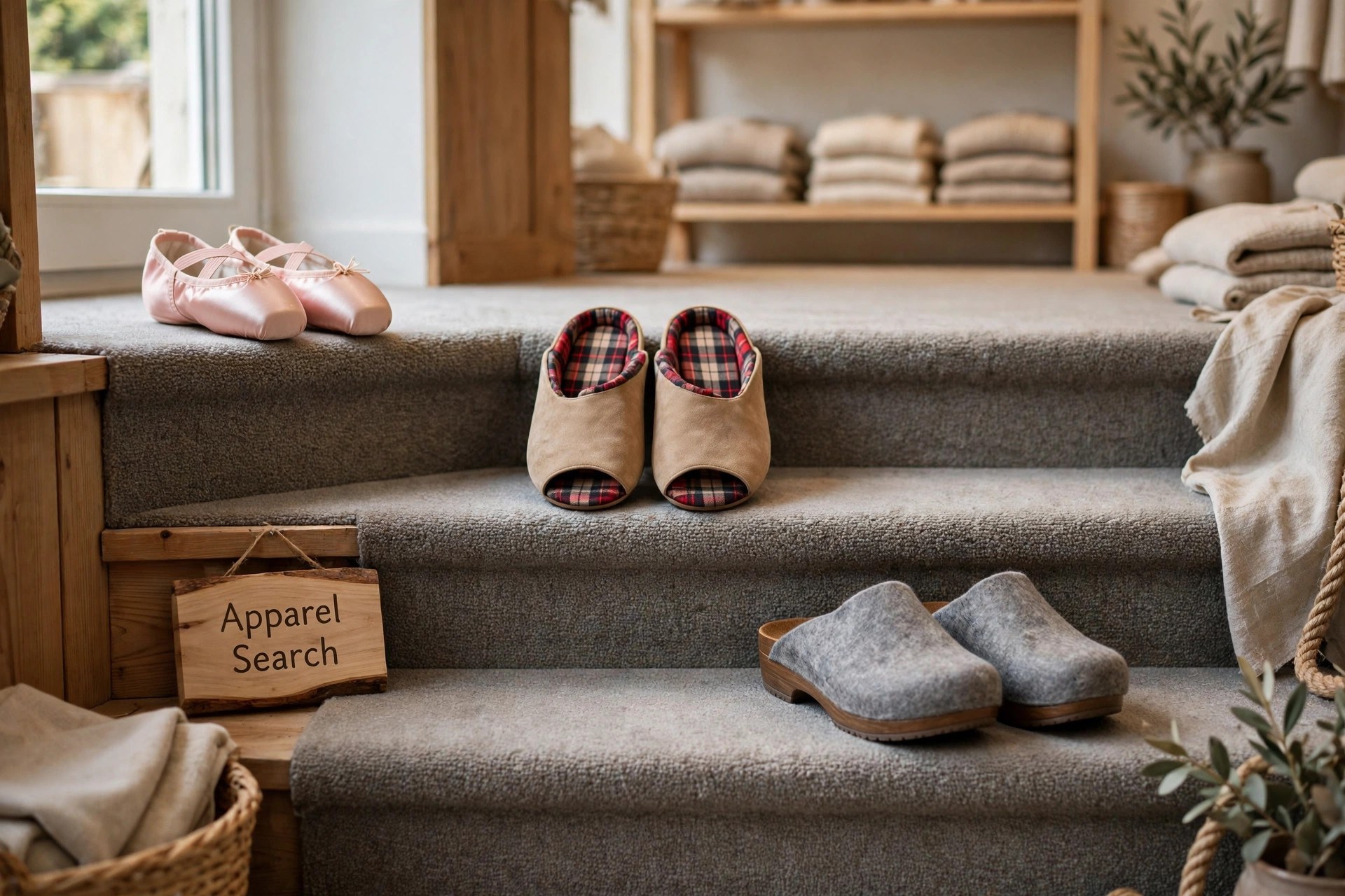 Women's slippers arranged on a store display: pink ballet-style slippers, plaid lined mules and grey felt clogs on carpeted steps, a small Apparel Search sign on the display