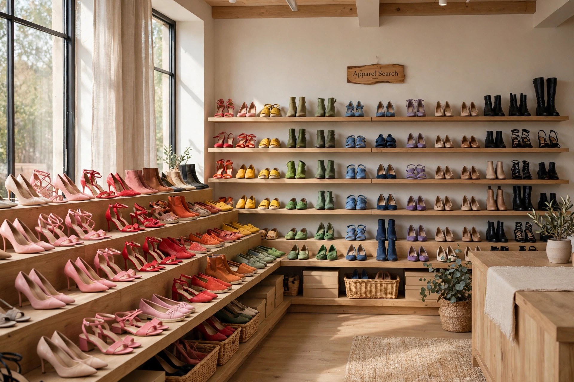 A women's shoe store interior with heels, flats, sandals and boots arranged on tiered shelves by colour, a small Apparel Search sign on the wall