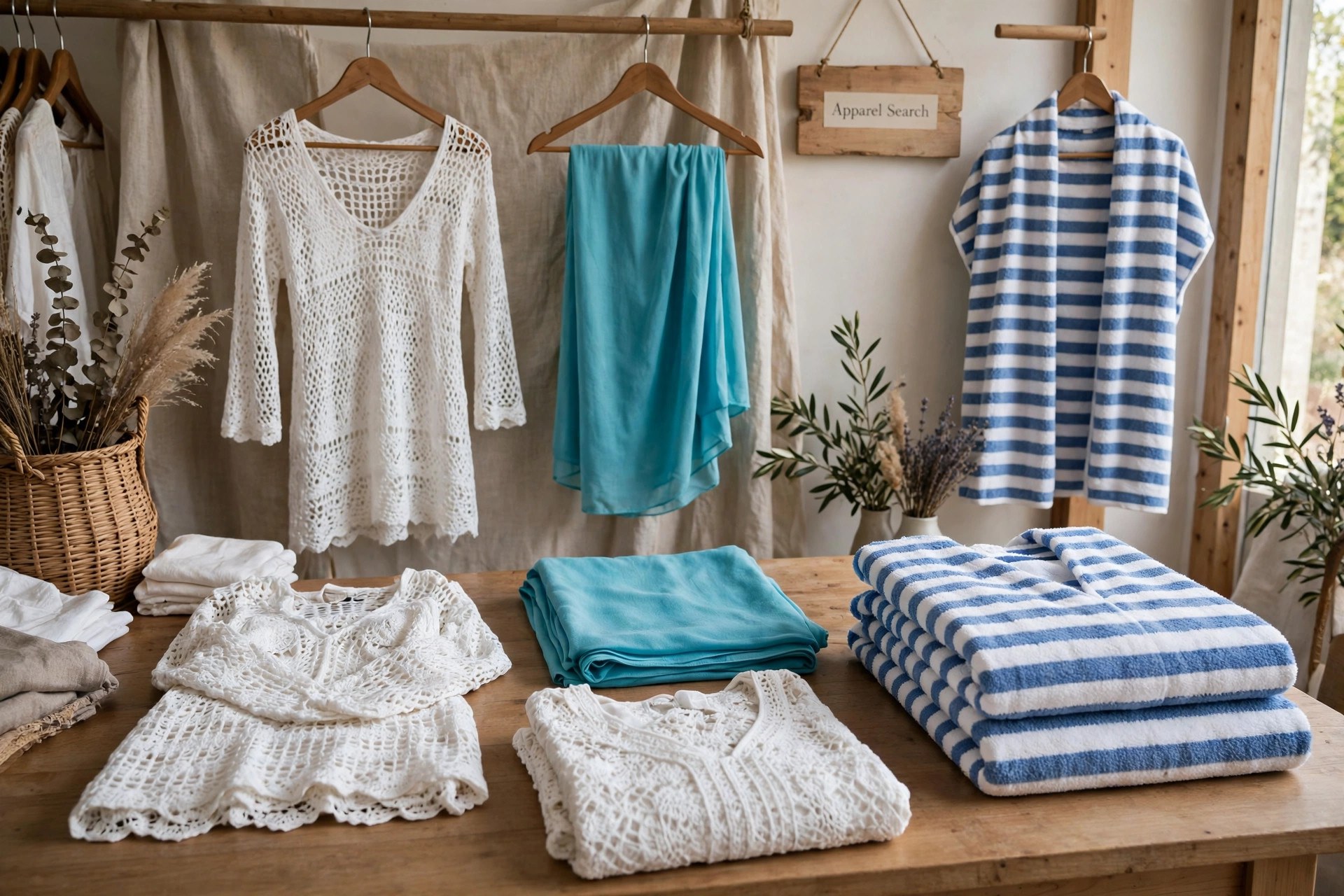 Women's swimwear cover-ups folded and hanging as flat garment displays: white crochet cover-up dresses, a turquoise sarong and striped terry cover-ups on a store table, no people