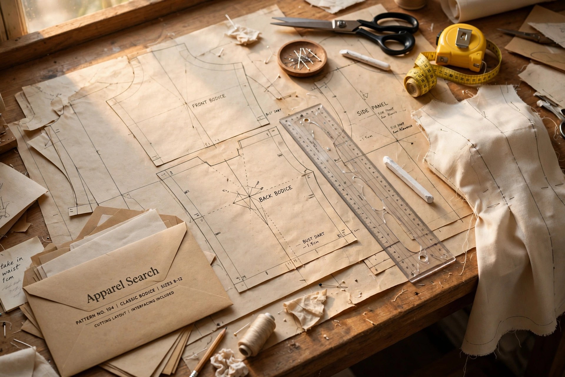A pattern maker's worktable with paper sewing patterns, a grading ruler, tailor's chalk, shears and a muslin fitting shell