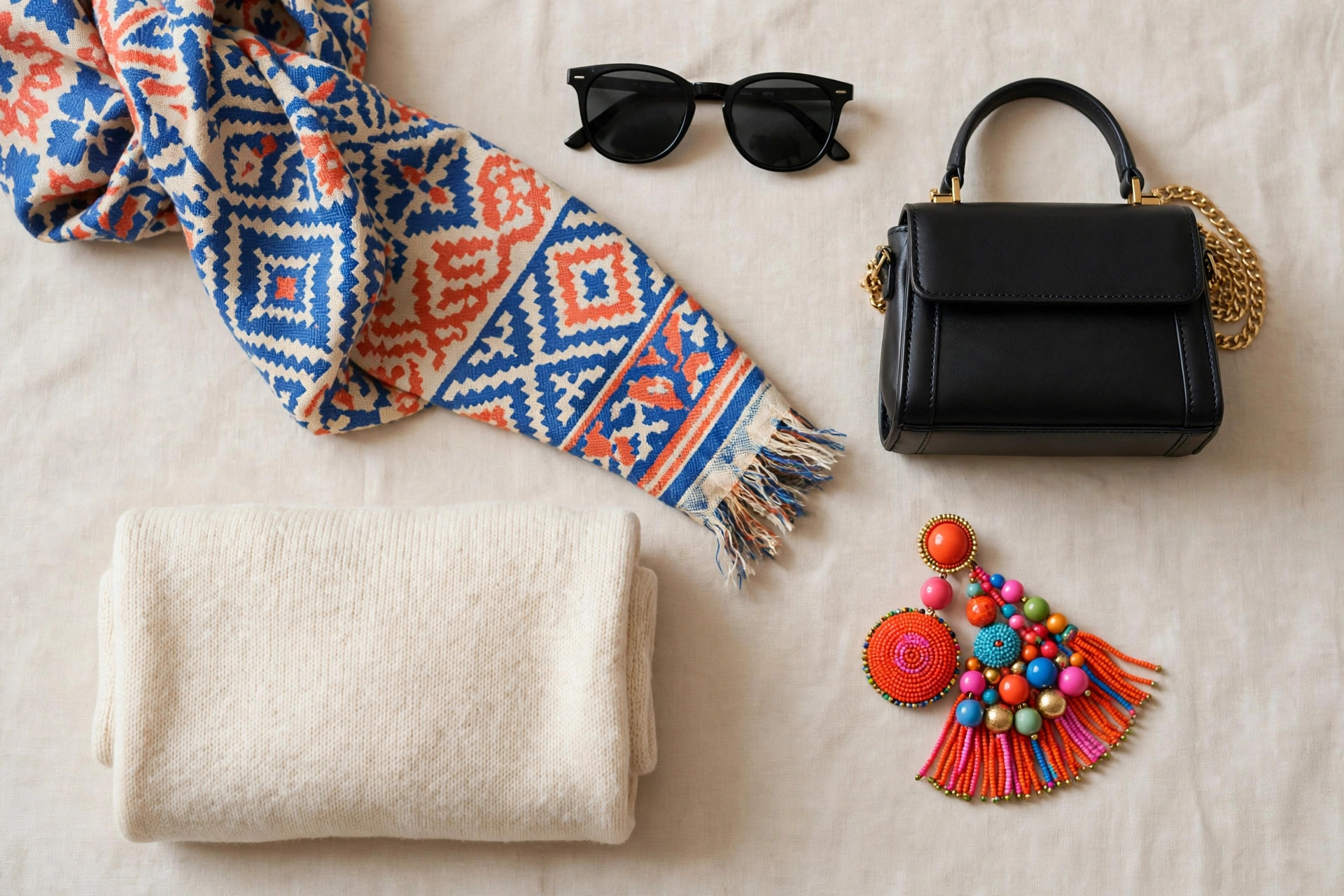 Flat-lay of women's fashion wardrobe pieces including a folded sweater, scarf, sunglasses and handbag