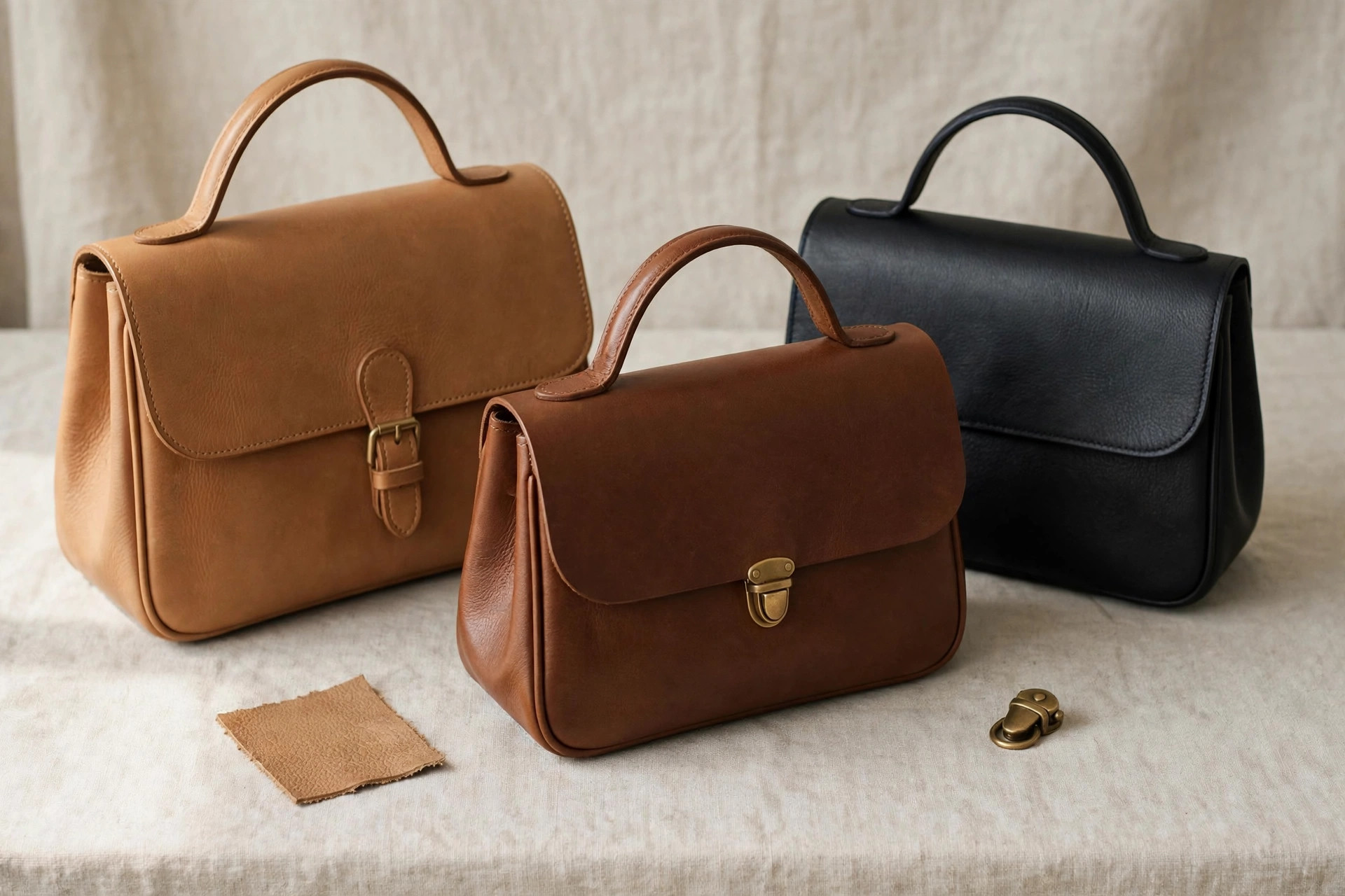 Three leather handbags in tan, cognac and black with a brass clasp and leather swatch